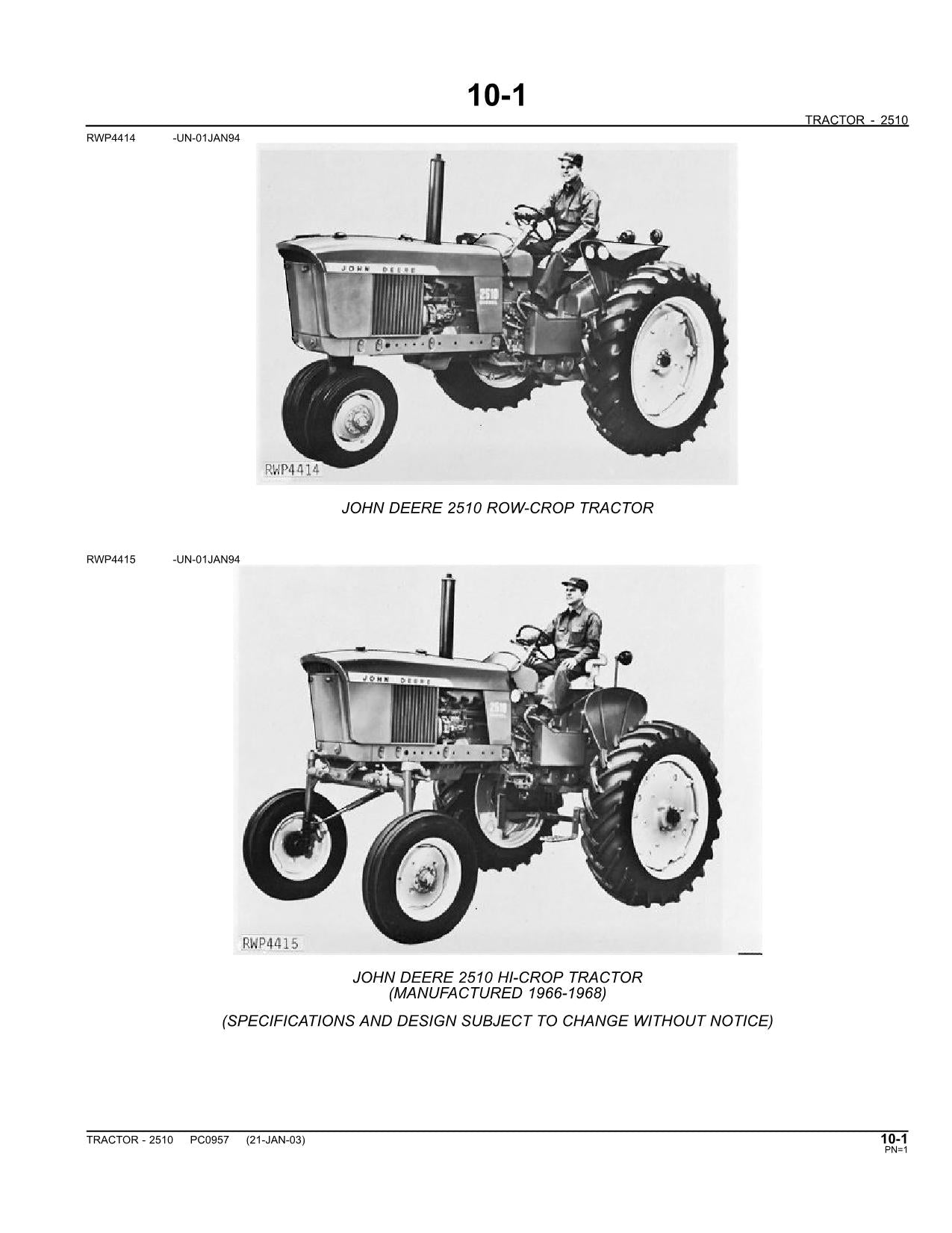 JOHN DEERE 2510 TRACTOR PARTS CATALOG MANUAL