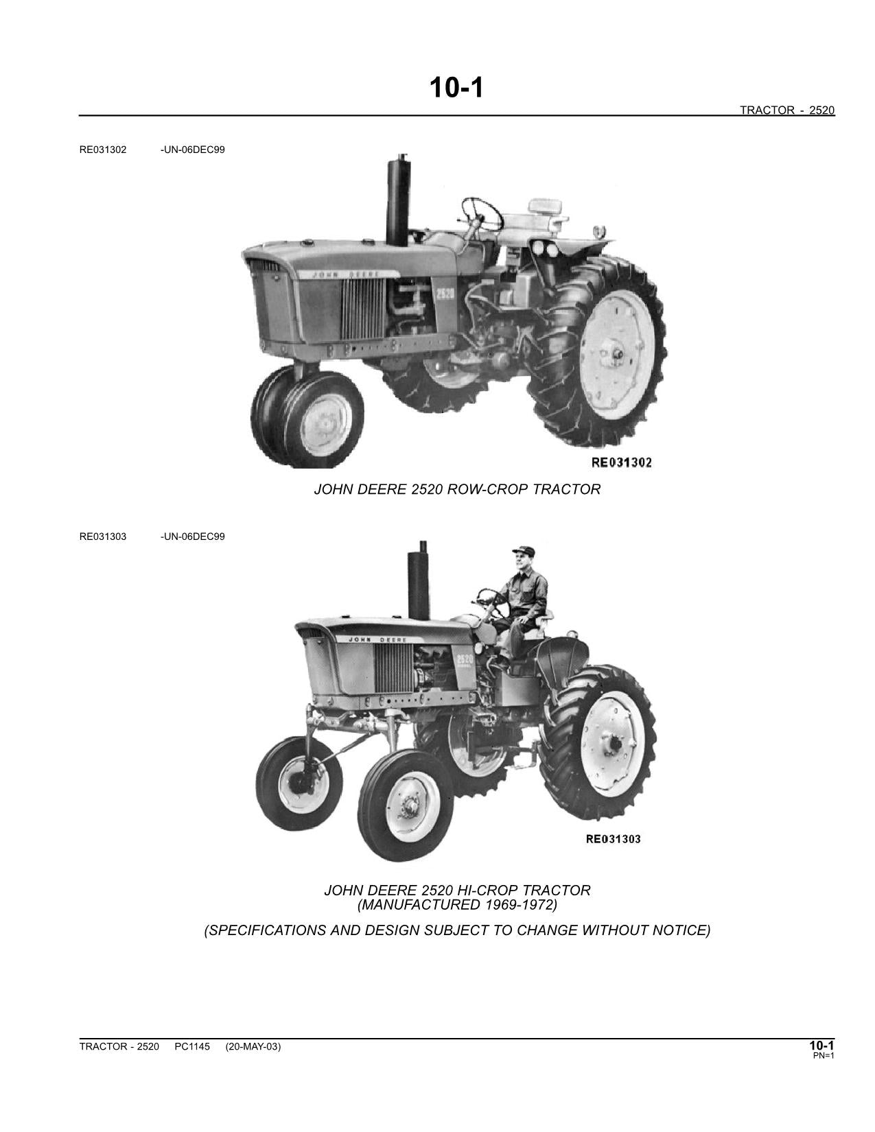 JOHN DEERE 2520 TRACTOR PARTS CATALOG MANUAL #1