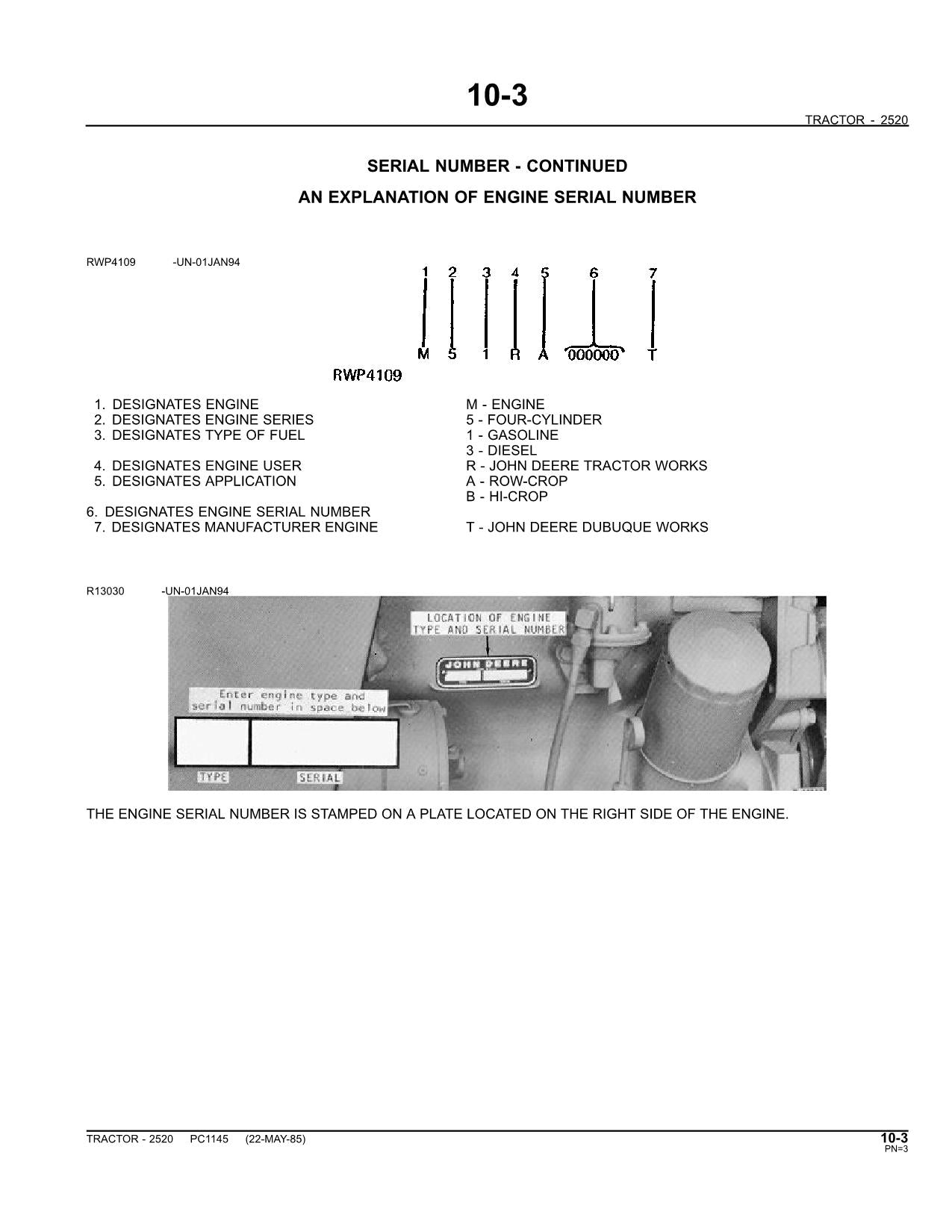 JOHN DEERE 2520 TRACTOR PARTS CATALOG MANUAL #1