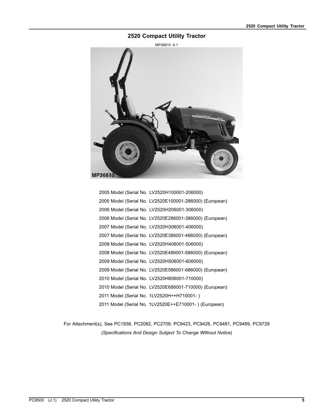 JOHN DEERE 2520 TRACTOR PARTS CATALOG MANUAL #2