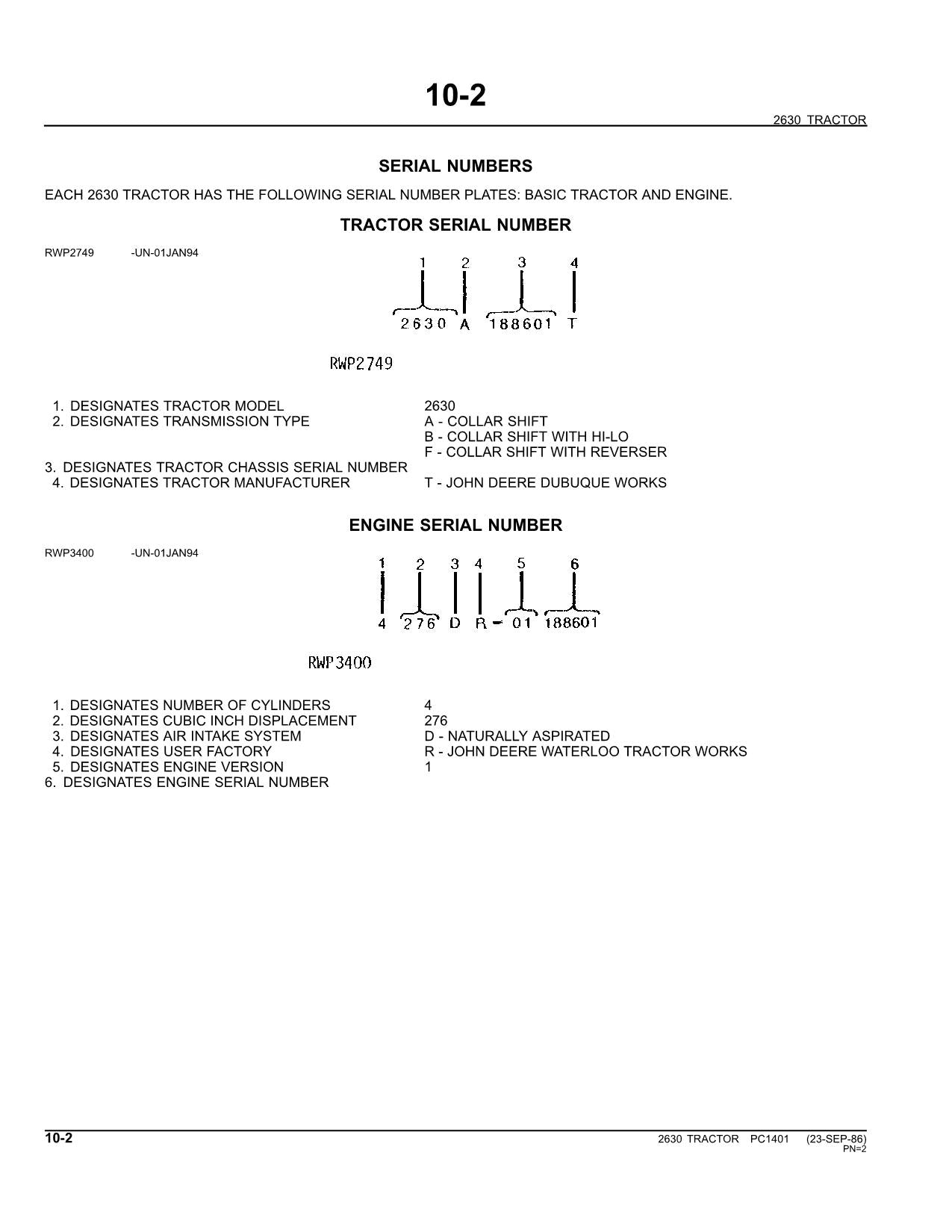 JOHN DEERE 2630 TRACTOR PARTS CATALOG MANUAL