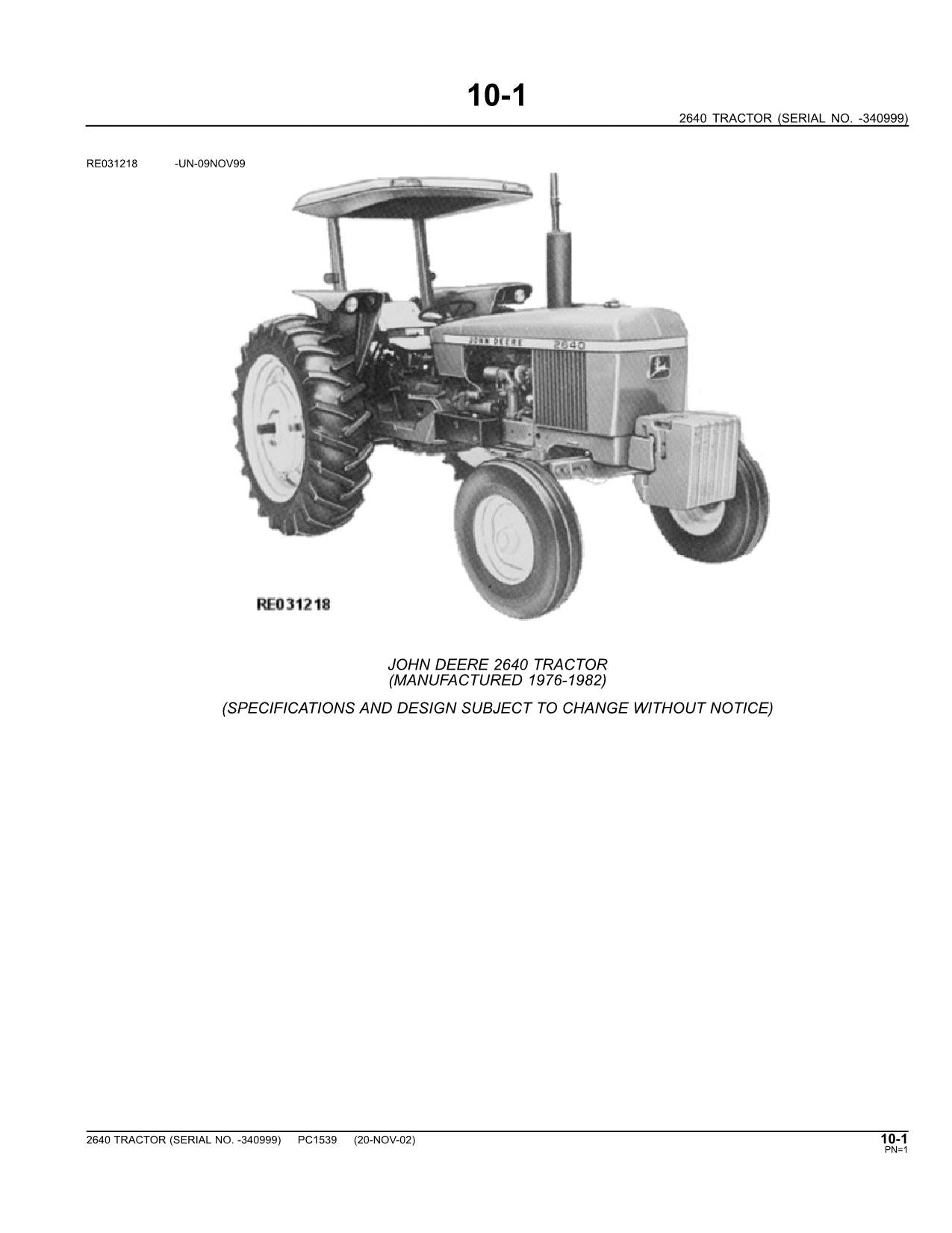 JOHN DEERE 2640 TRACTOR PARTS CATALOG MANUAL #1