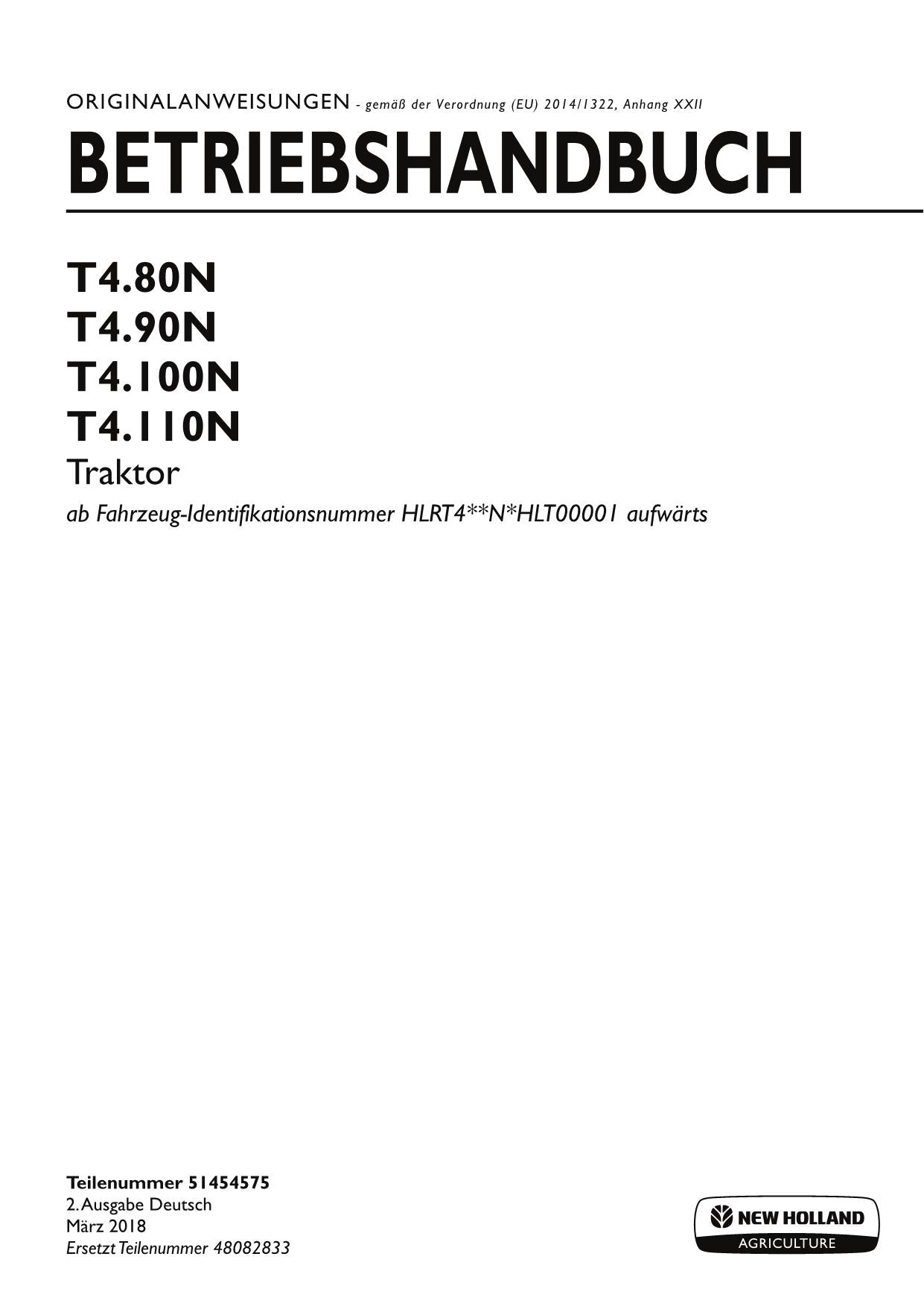 New Holland T4.80N T4.90N T4.100N T4.110N Traktor-Betriebsanleitung