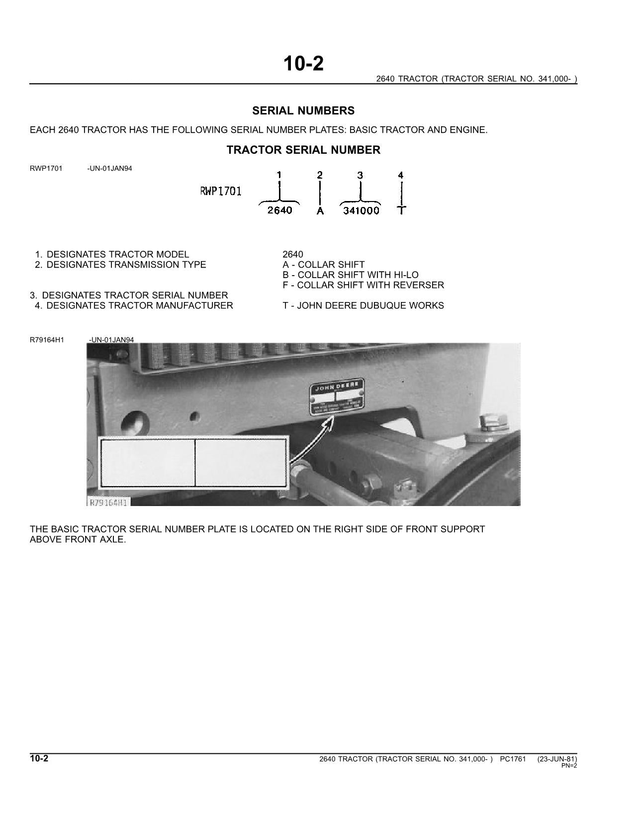 JOHN DEERE 2640 TRACTOR PARTS CATALOG MANUAL #2