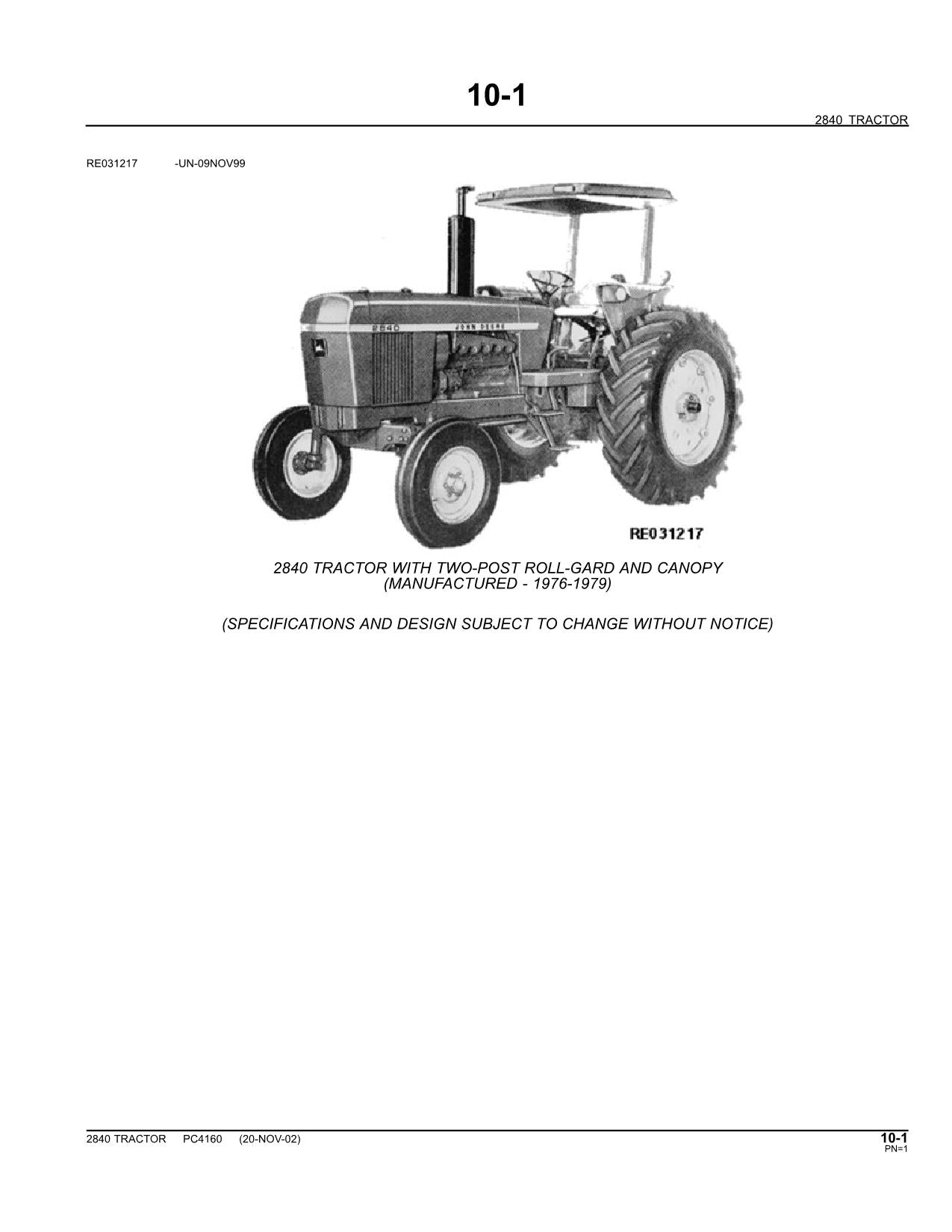 JOHN DEERE 2840 TRACTOR PARTS CATALOG MANUAL