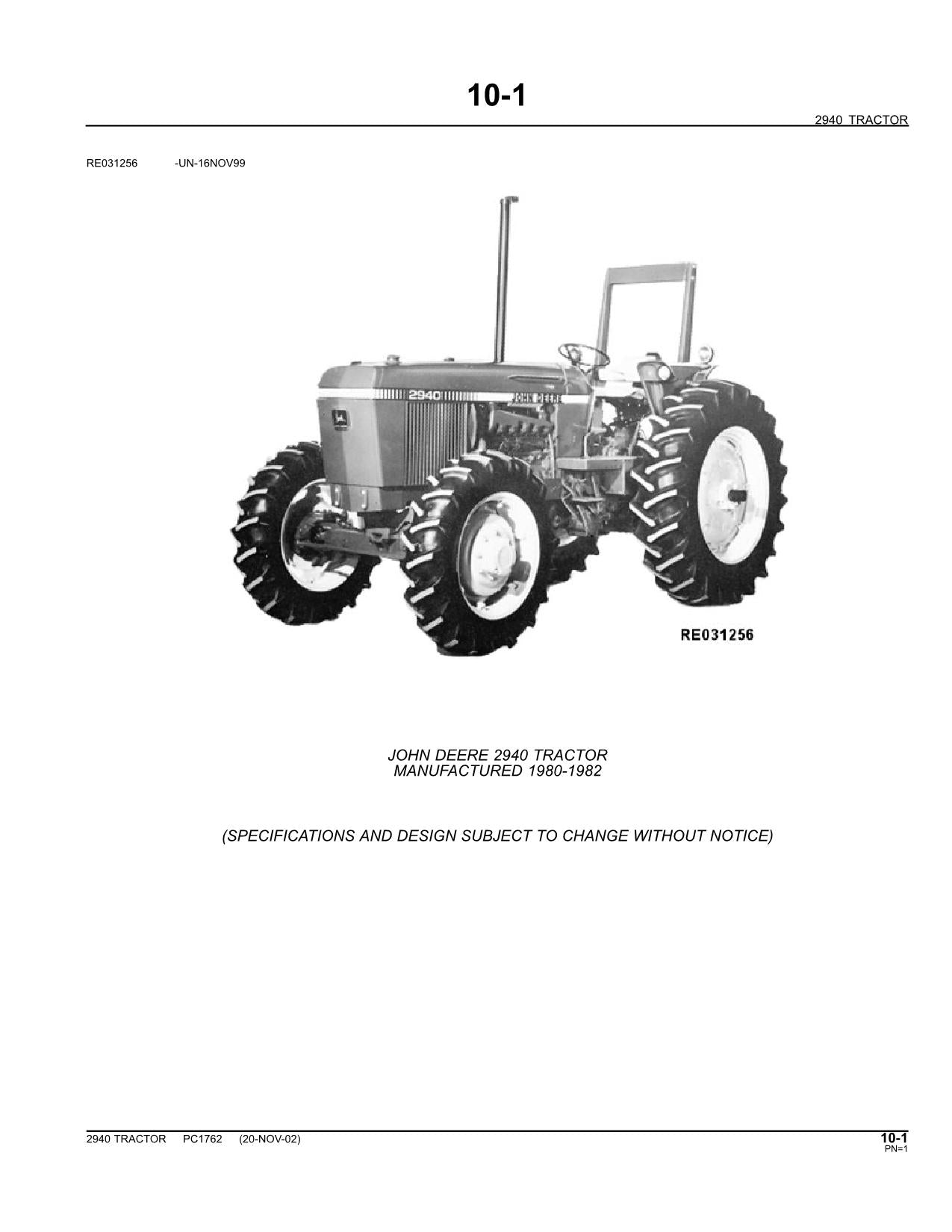 JOHN DEERE 2940 TRACTOR PARTS CATALOG MANUAL