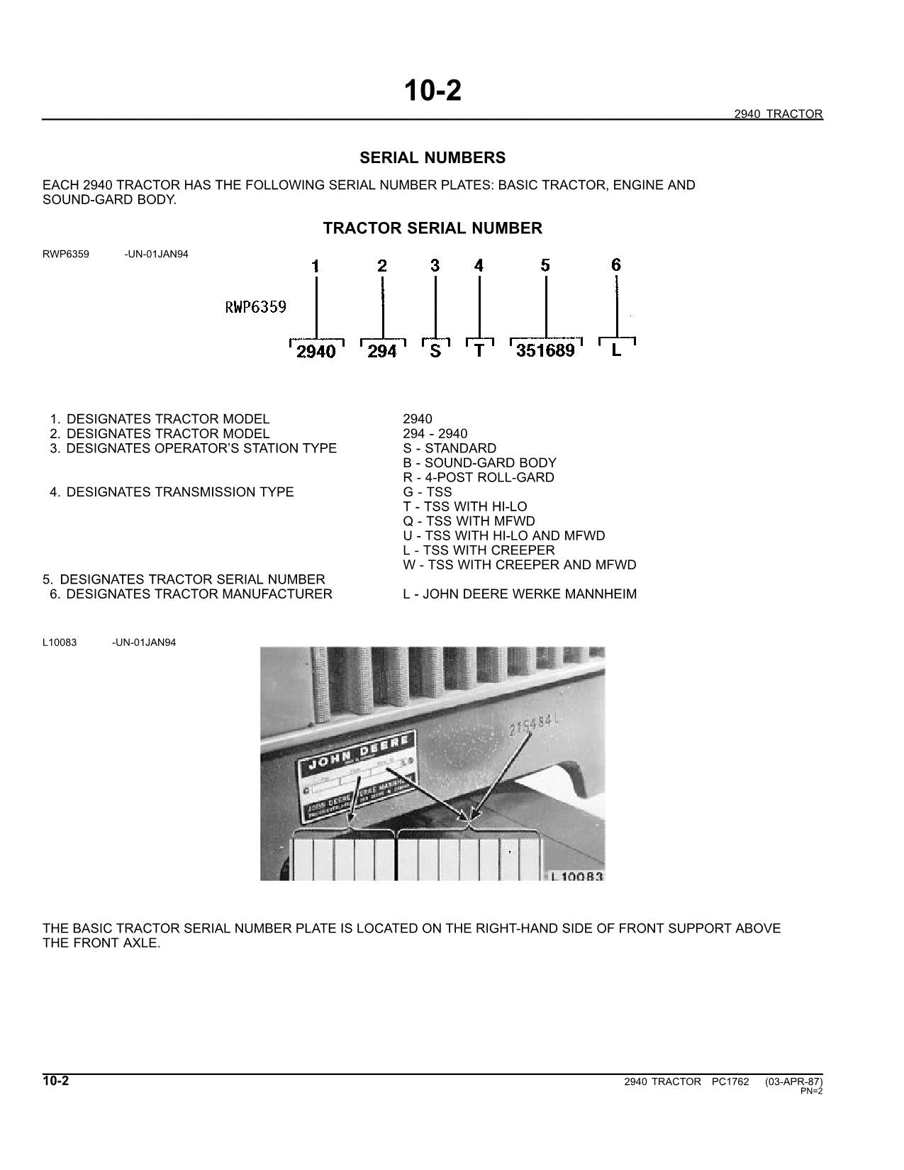 JOHN DEERE 2940 TRACTOR PARTS CATALOG MANUAL