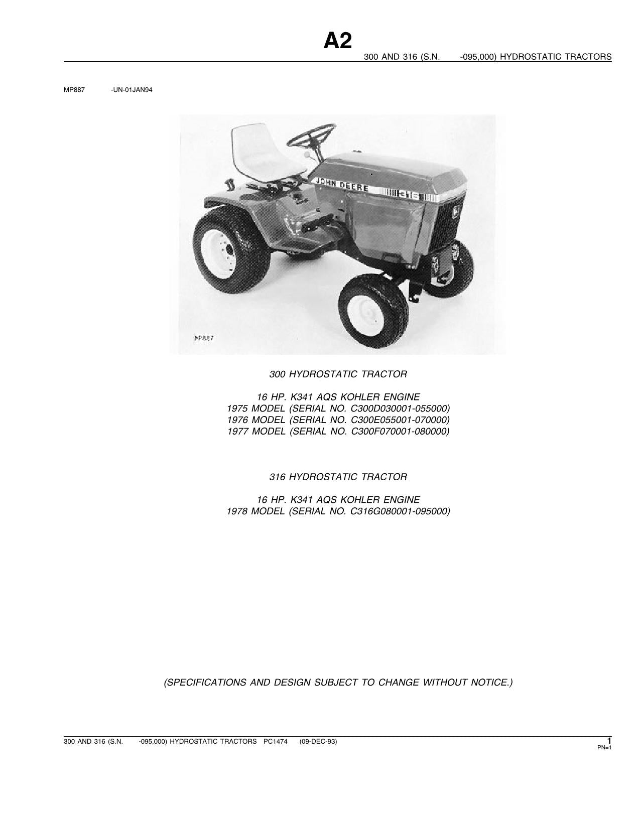 JOHN DEERE 300 316 TRACTOR PARTS CATALOG MANUAL