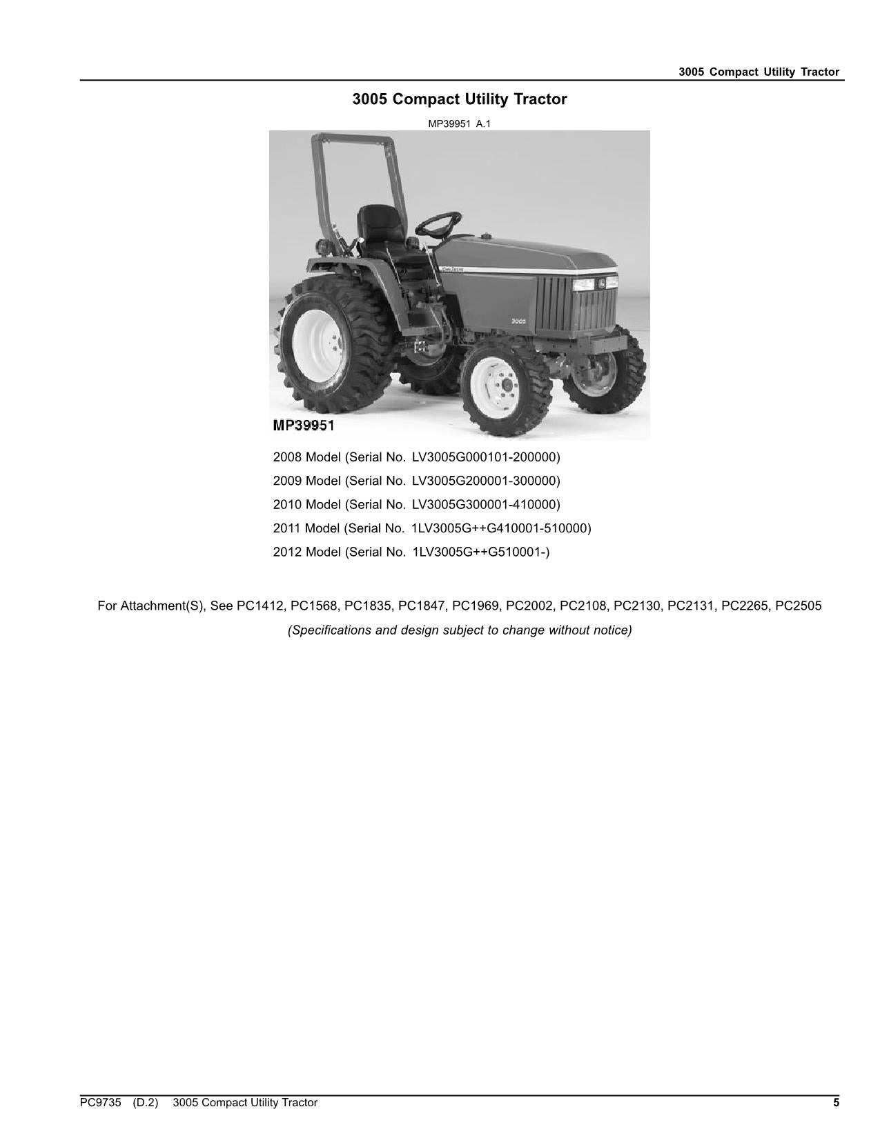 JOHN DEERE 3005 TRACTOR PARTS CATALOG MANUAL