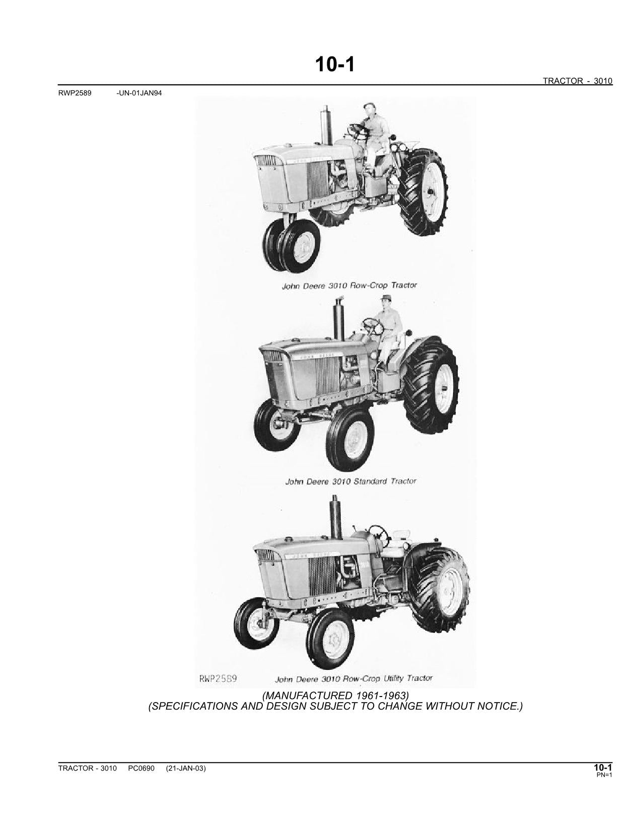 JOHN DEERE 3010 TRACTOR PARTS CATALOG MANUAL #1