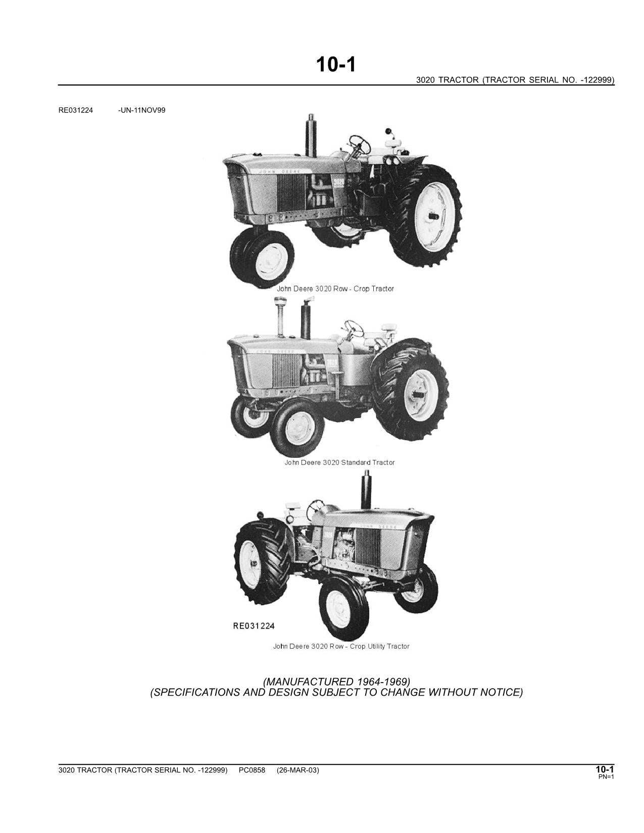 JOHN DEERE 3020 TRACTOR PARTS CATALOG MANUAL #1