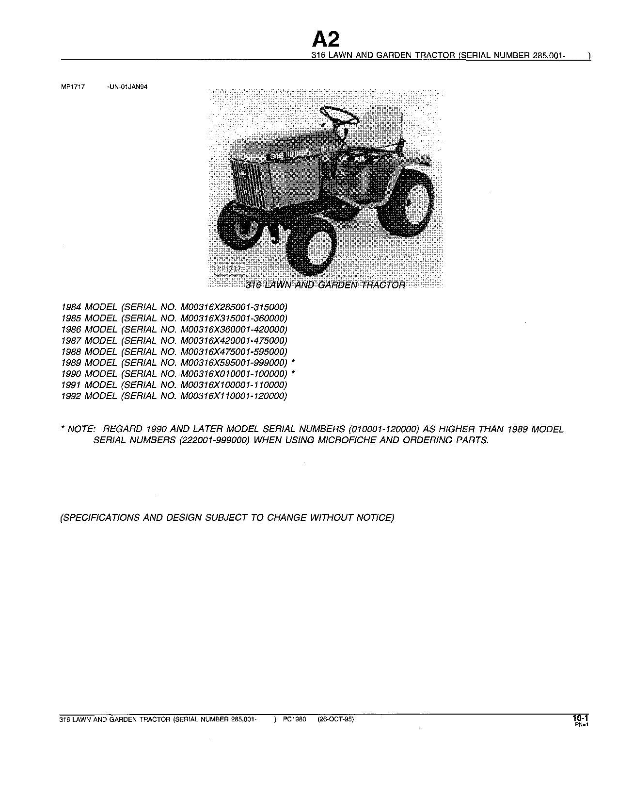 JOHN DEERE 316 TRACTOR PARTS CATALOG MANUAL