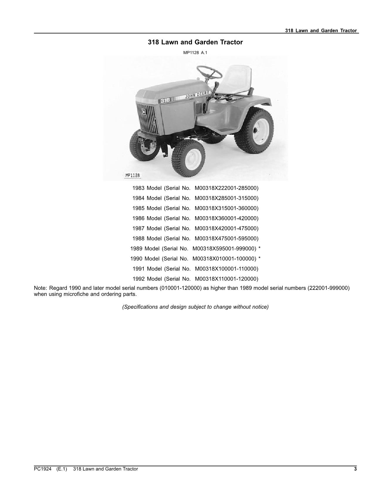 JOHN DEERE 318 TRACTOR PARTS CATALOG MANUAL