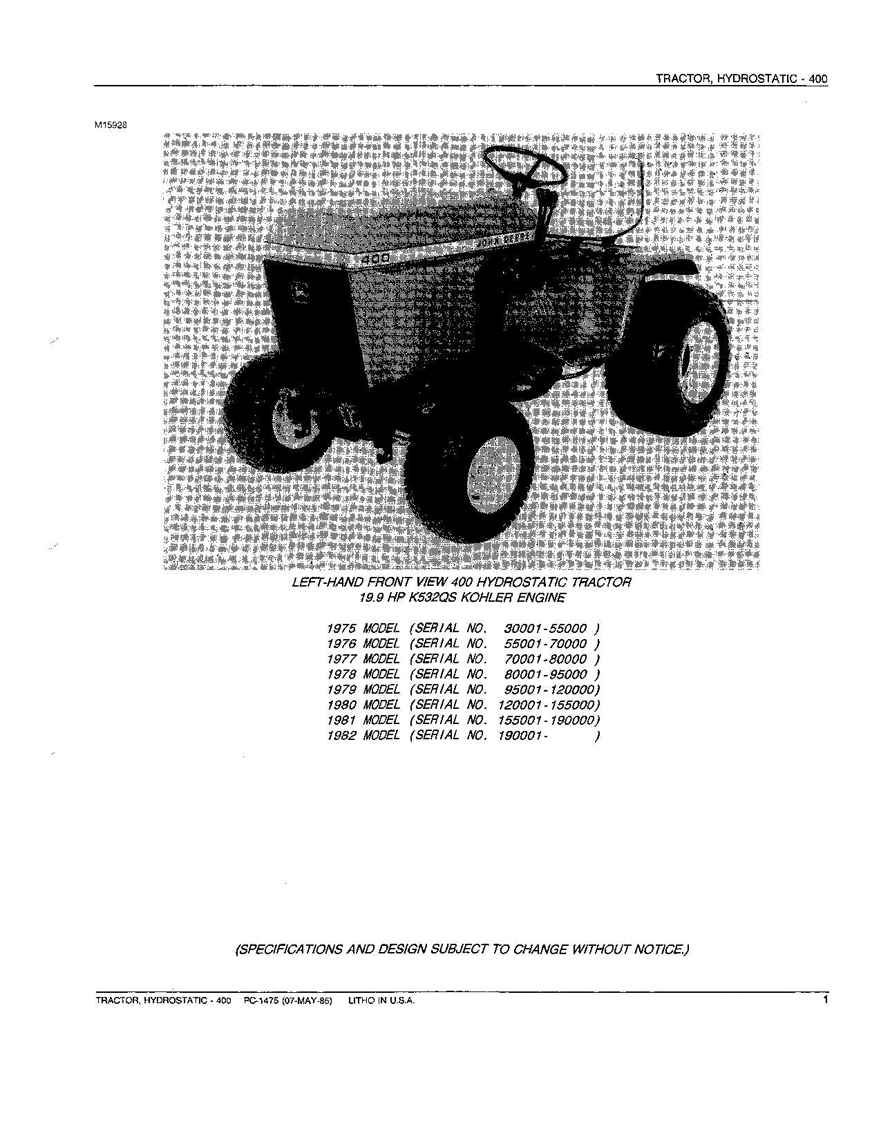 JOHN DEERE 400 TRAKTOR ERSATZTEILKATALOGHANDBUCH PC1475