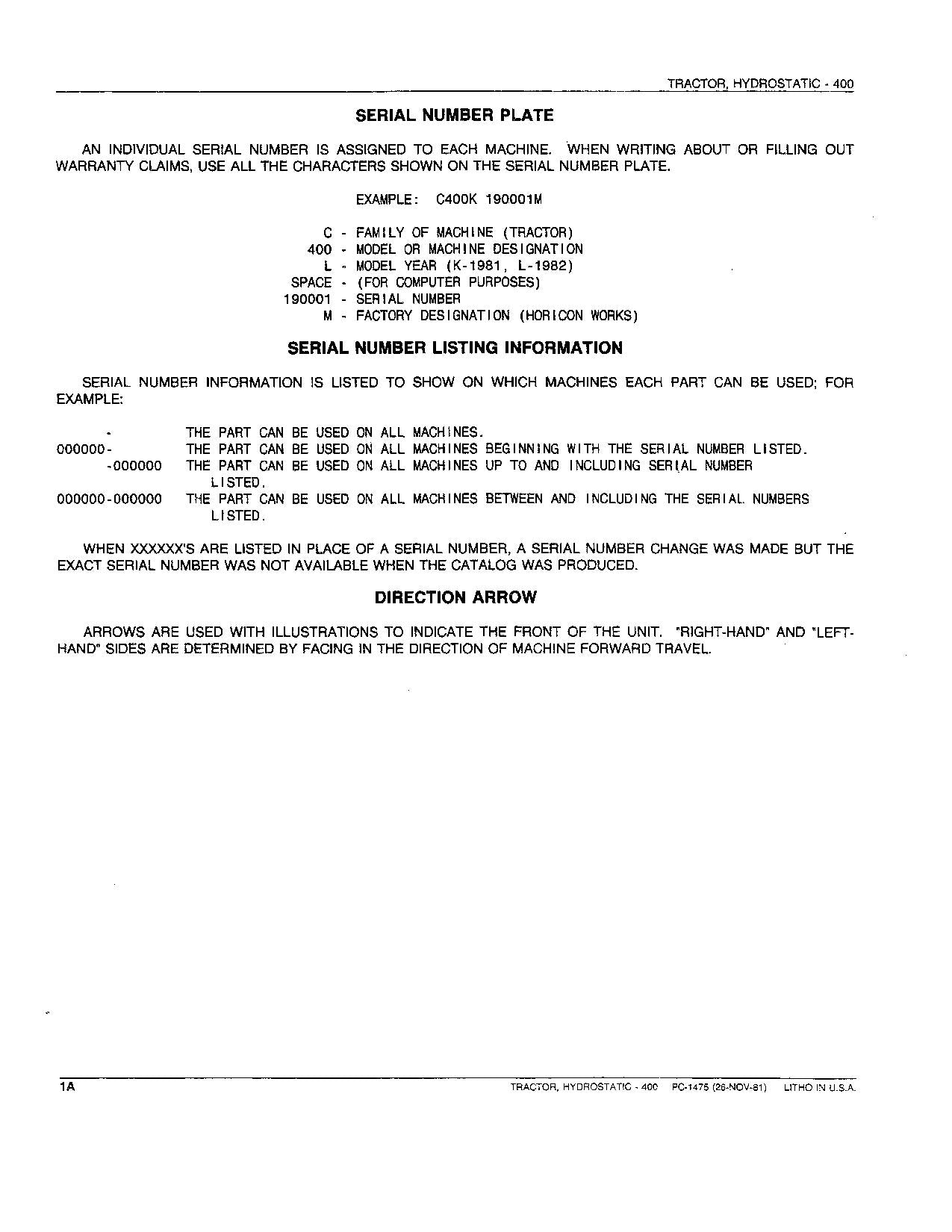 JOHN DEERE 400 TRACTOR PARTS CATALOG MANUAL PC1475