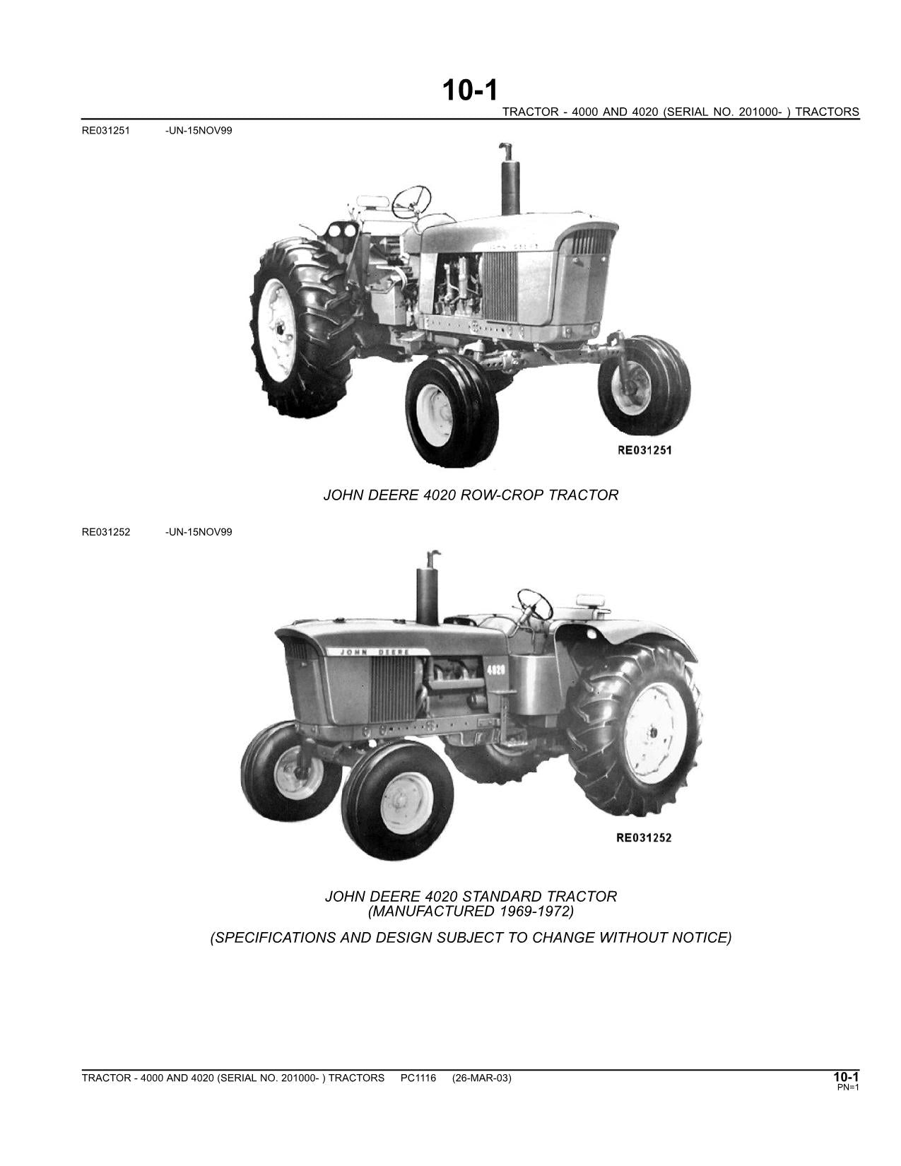 JOHN DEERE 4000 4020 TRACTOR PARTS CATALOG MANUAL