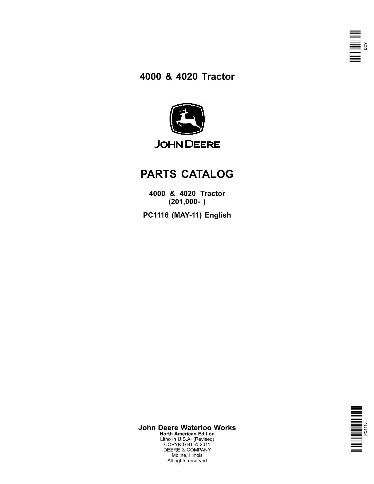 JOHN DEERE 4000 4020 TRACTOR PARTS CATALOG MANUAL