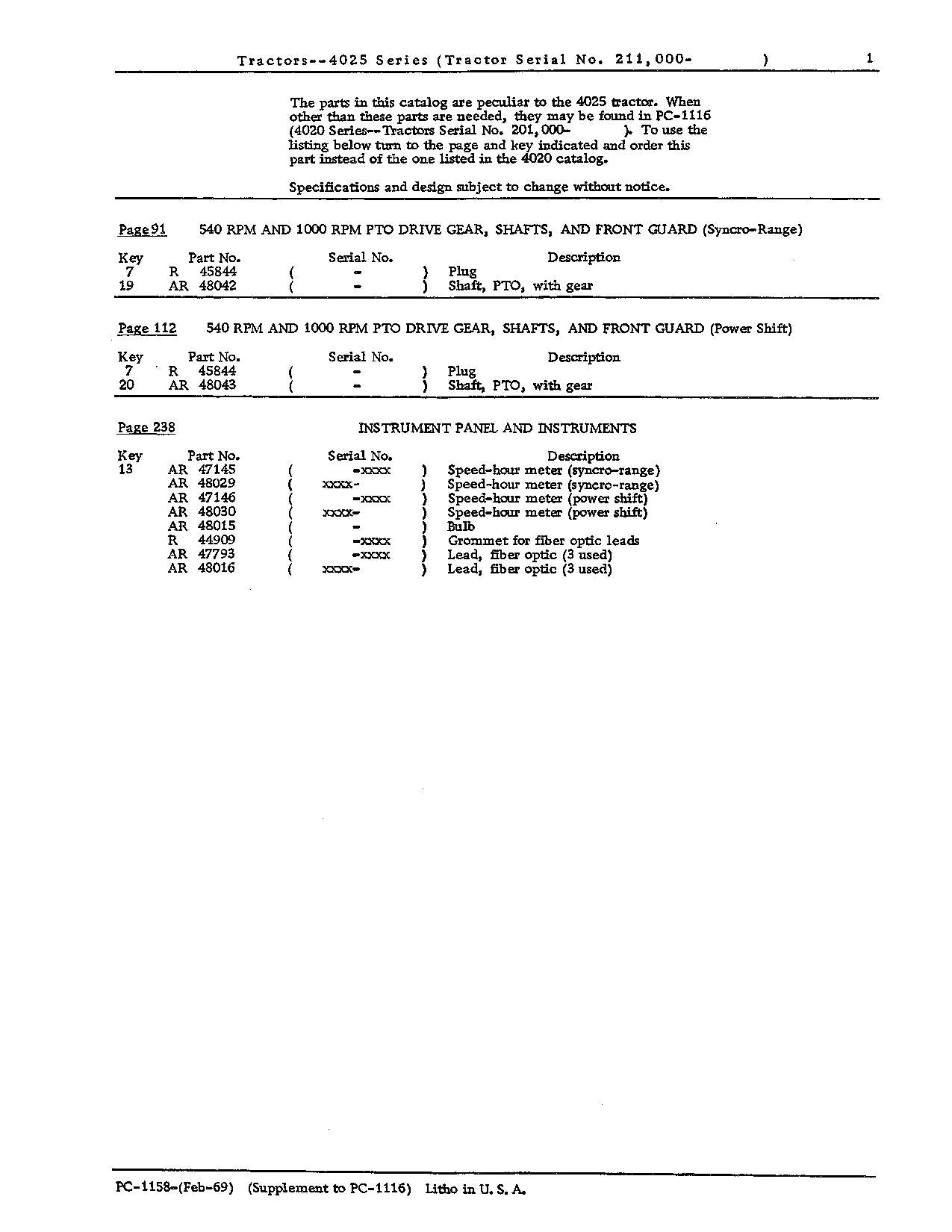 JOHN DEERE 4025 TRACTOR PARTS CATALOG MANUAL