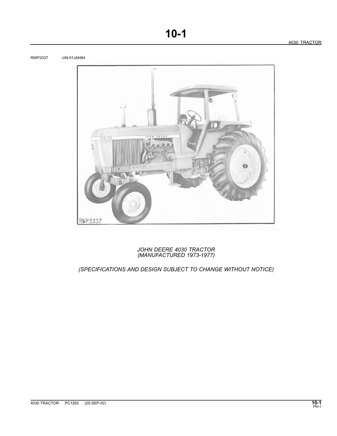 JOHN DEERE 4030 TRACTOR PARTS CATALOG MANUAL