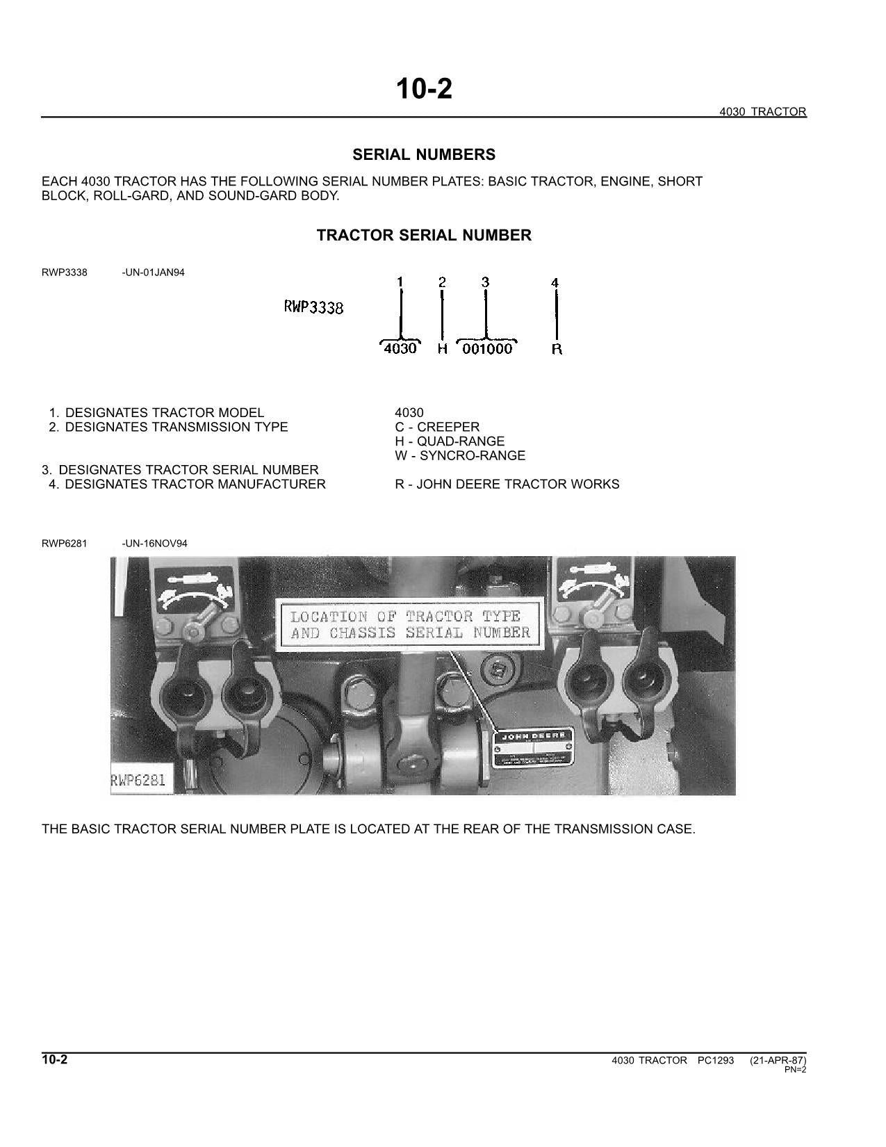 MANUEL DU CATALOGUE DES PIÈCES DU TRACTEUR JOHN DEERE 4030