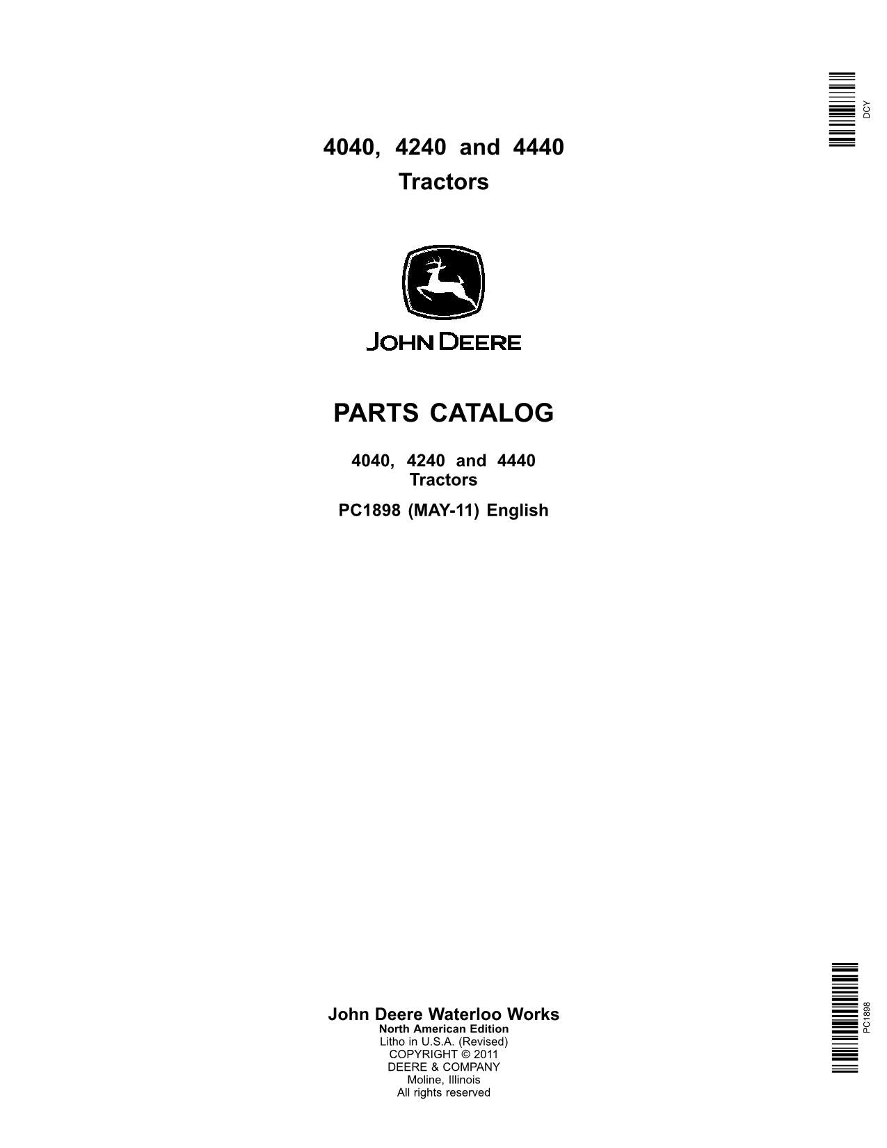 JOHN DEERE 4040 4240 4440 TRACTOR PARTS CATALOG MANUAL PC1898