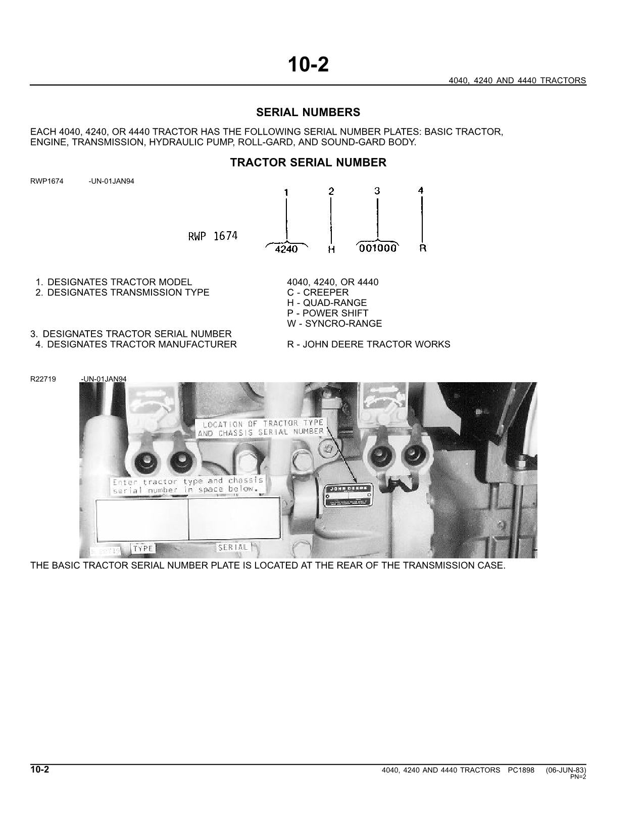 MANUEL DU CATALOGUE DES PIÈCES DE RECHANGE POUR TRACTEUR JOHN DEERE 4040 4240 4440 PC1898