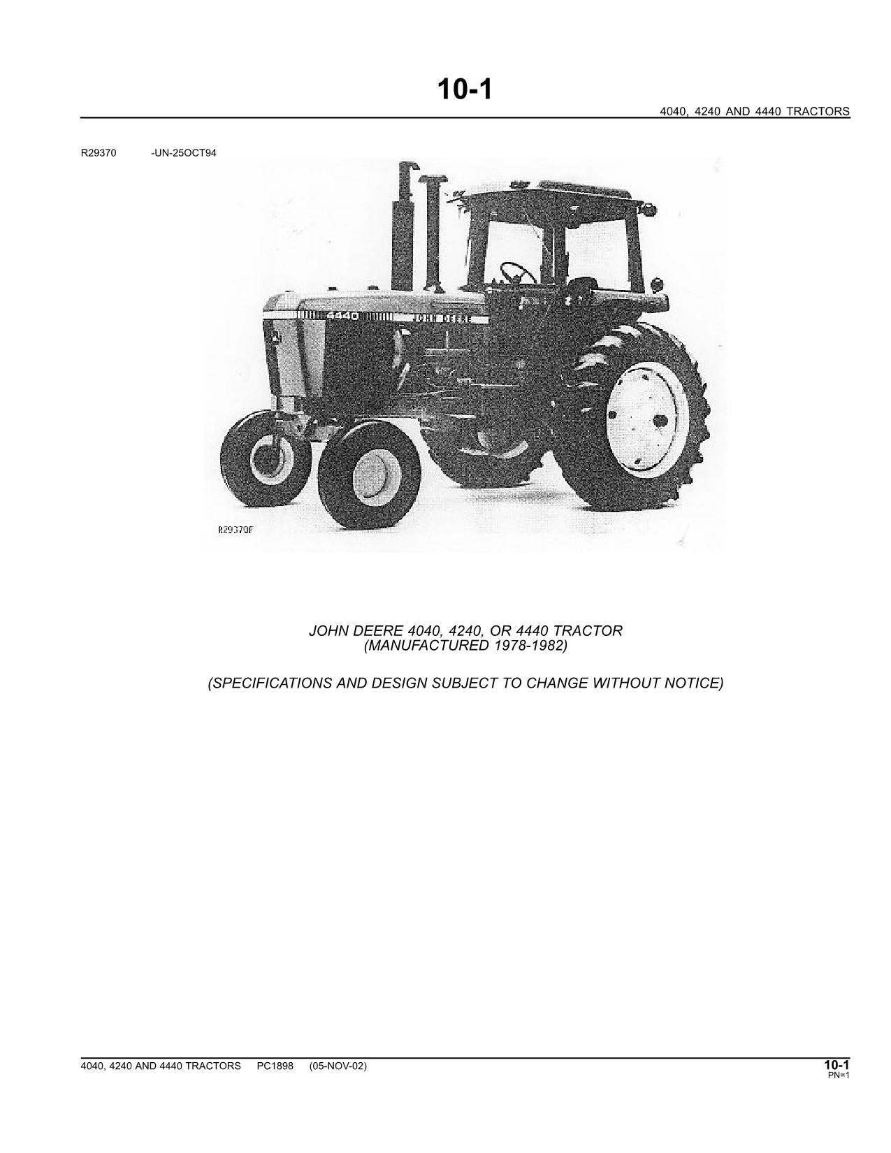 MANUEL DU CATALOGUE DES PIÈCES DE RECHANGE POUR TRACTEUR JOHN DEERE 4040 4240 4440 PC1898