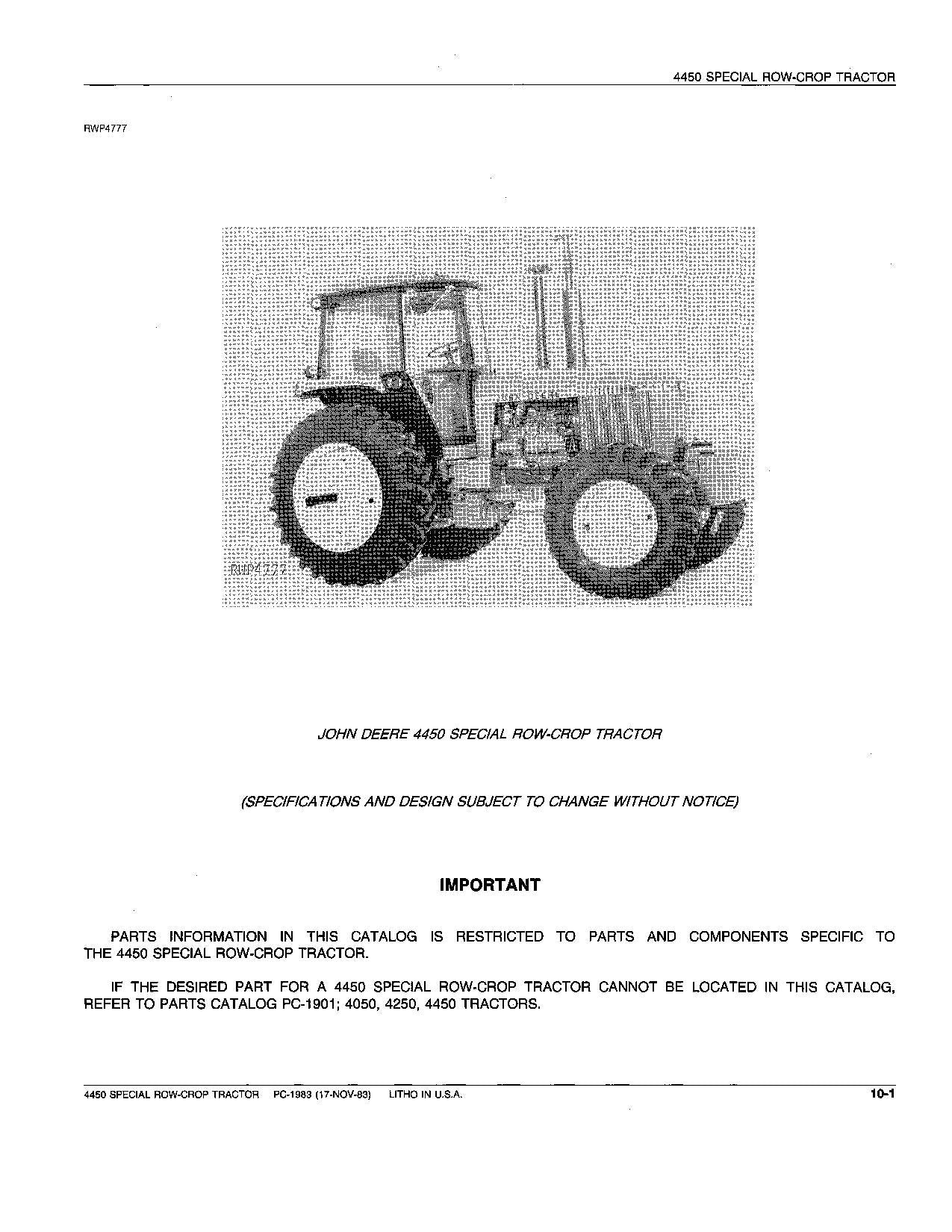 JOHN DEERE 4450 TRACTOR FUEL INJECTION PUMP PARTS CATALOG MANUAL