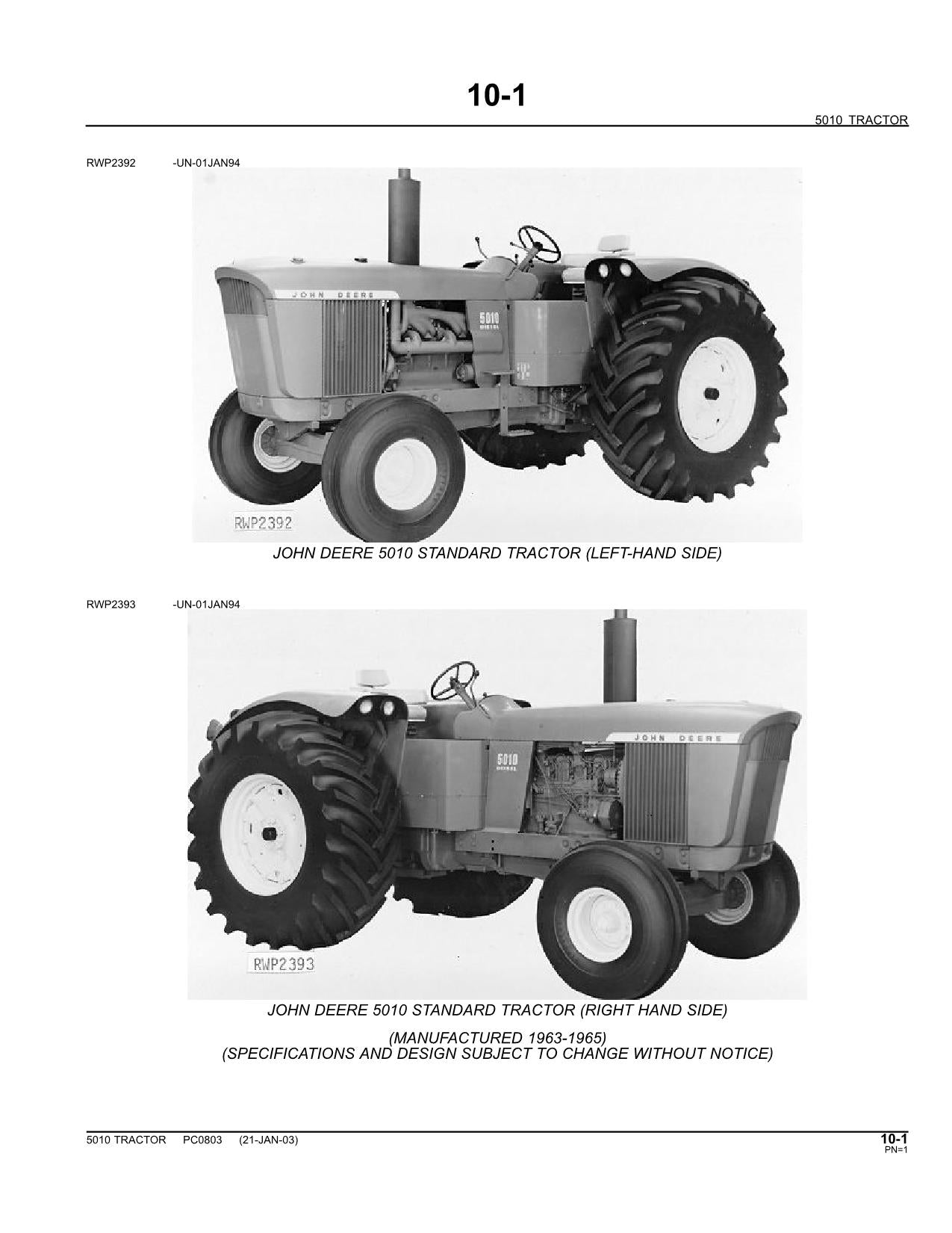 JOHN DEERE 5010 TRACTOR PARTS CATALOG MANUAL