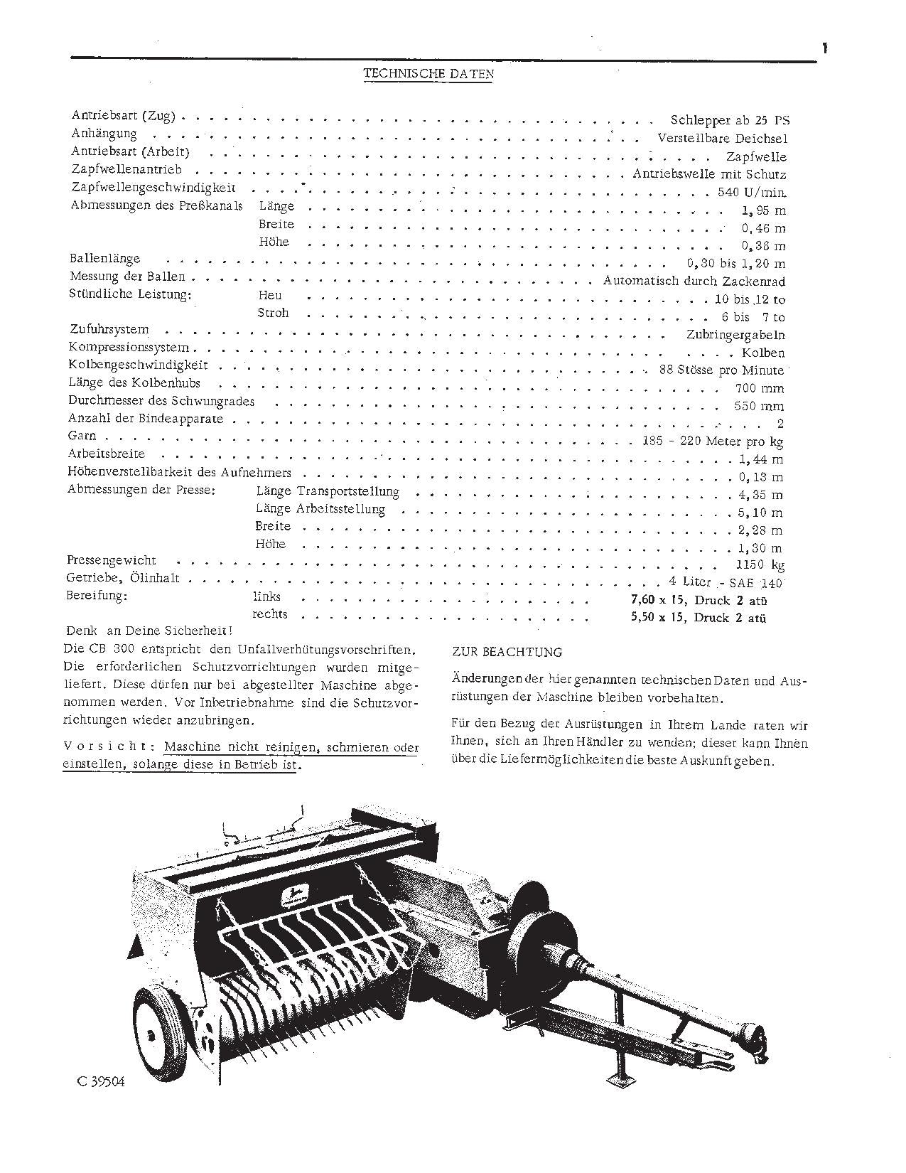 JOHN DEERE HOCHDRUCK SAMMELPRESSE CB 300  BETRIEBSANLEITUNG