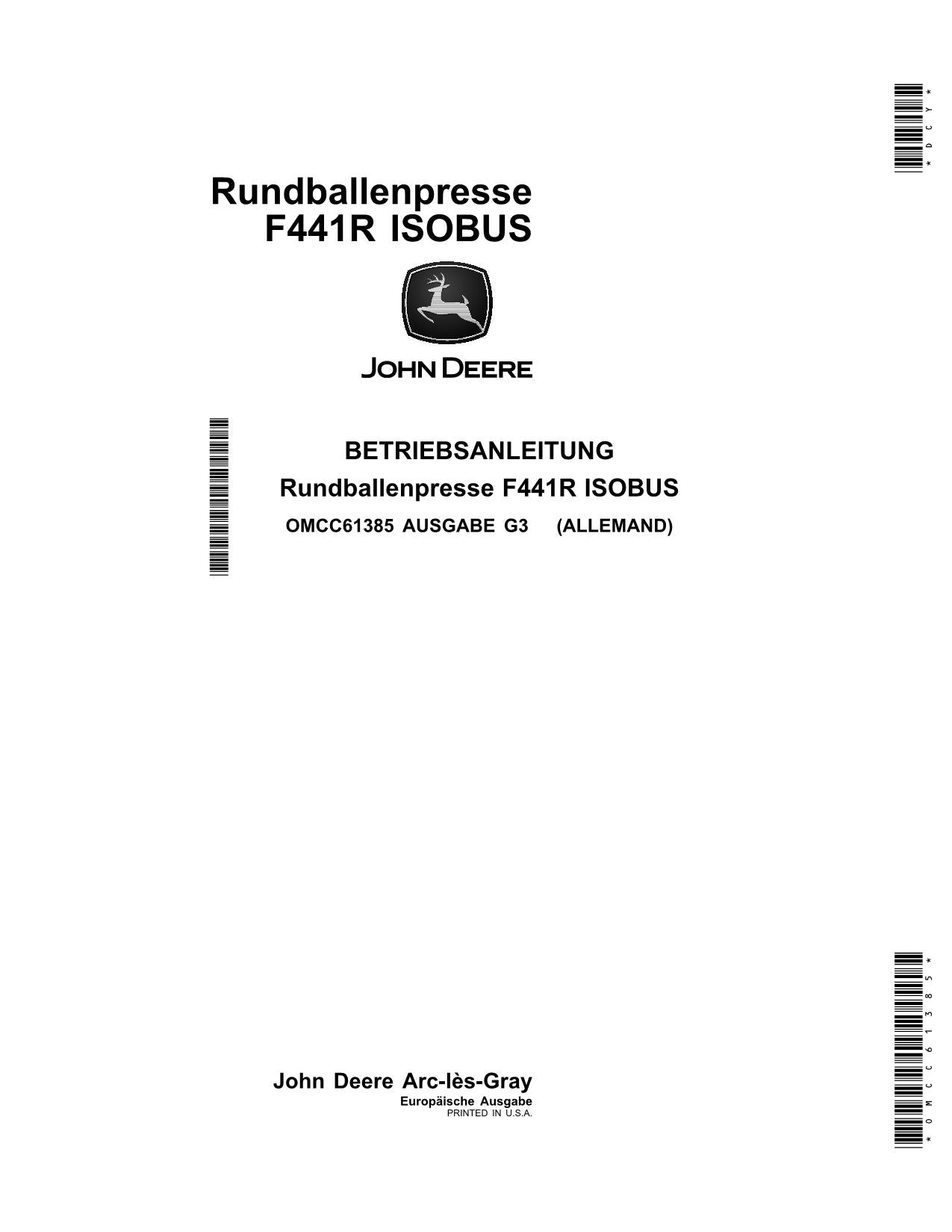 JOHN DEERE RUNDBALLENPRESSE F441R ISOBUS BETRIEBSANLEITUNG