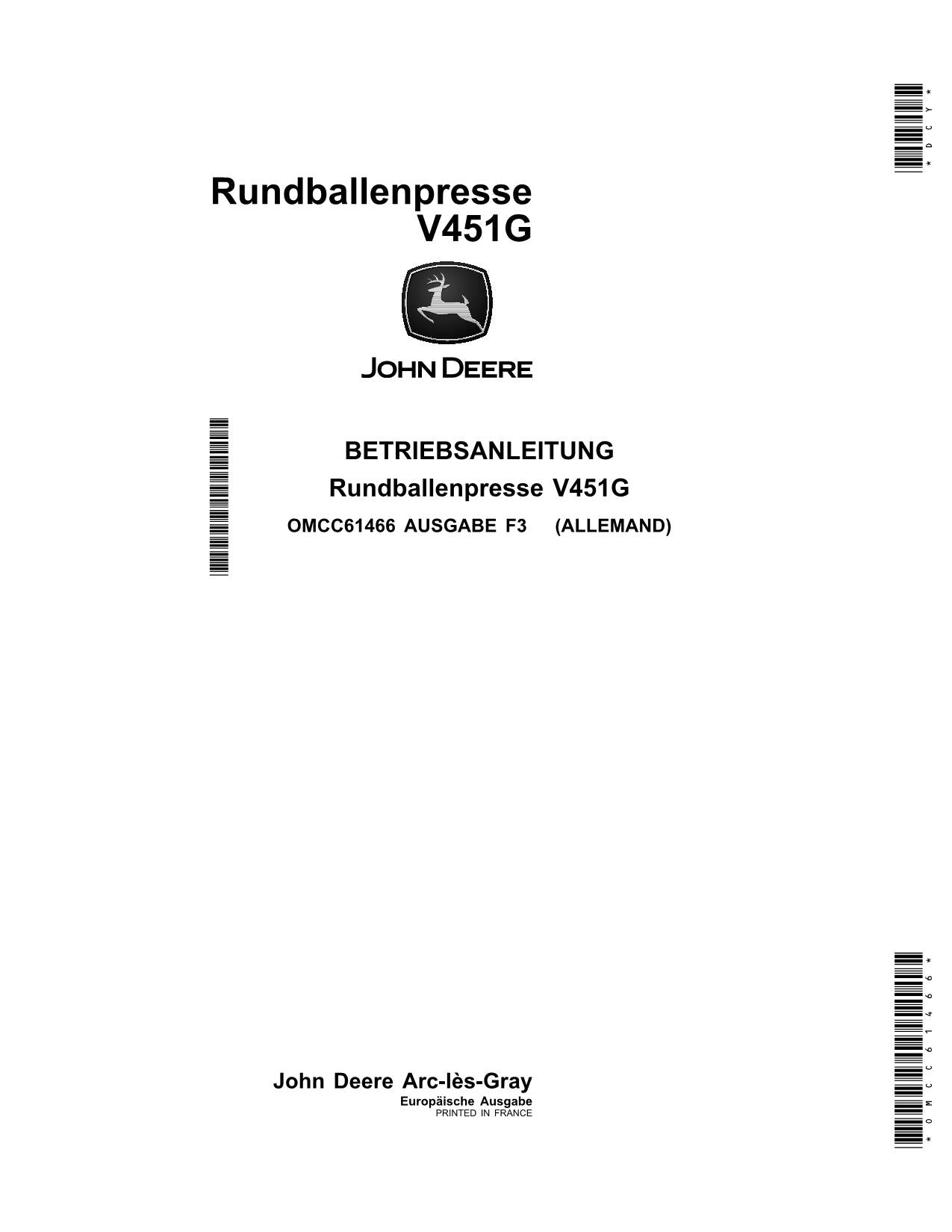 JOHN DEERE RUNDBALLENPRESSE V451G BETRIEBSANLEITUNG