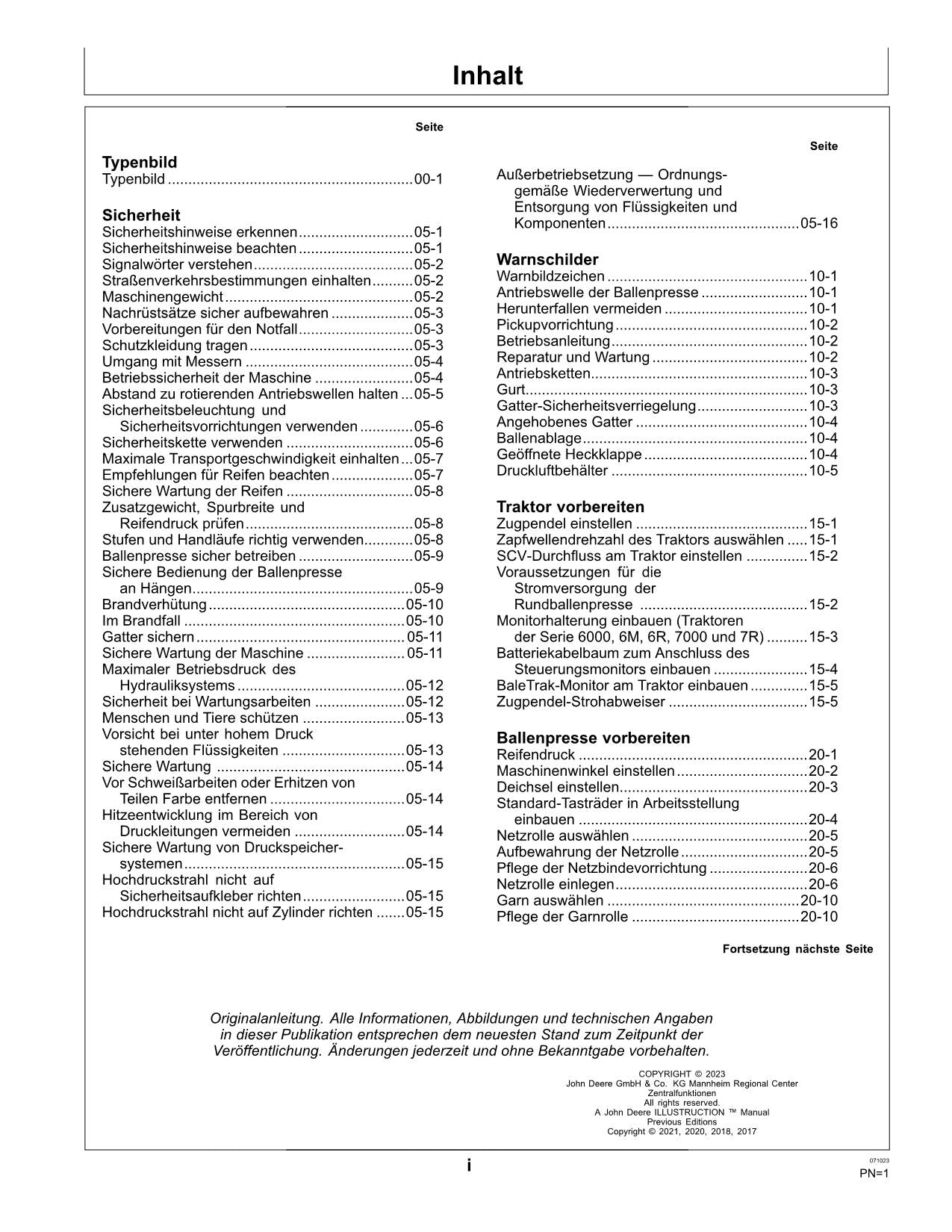 JOHN DEERE RUNDBALLENPRESSE V451G BETRIEBSANLEITUNG