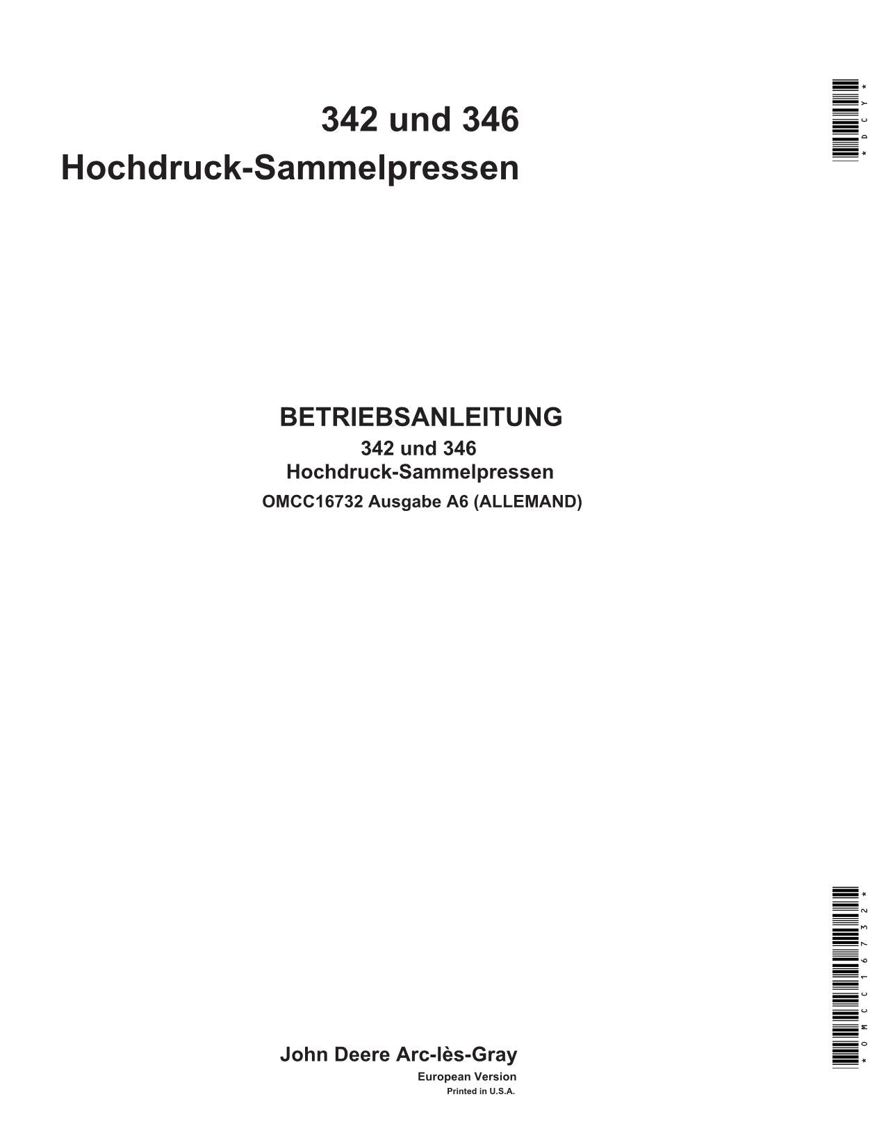 JOHN DEERE HOCHDRUCK SAMMELPRESSE 342 346 BETRIEBSANLEITUNG