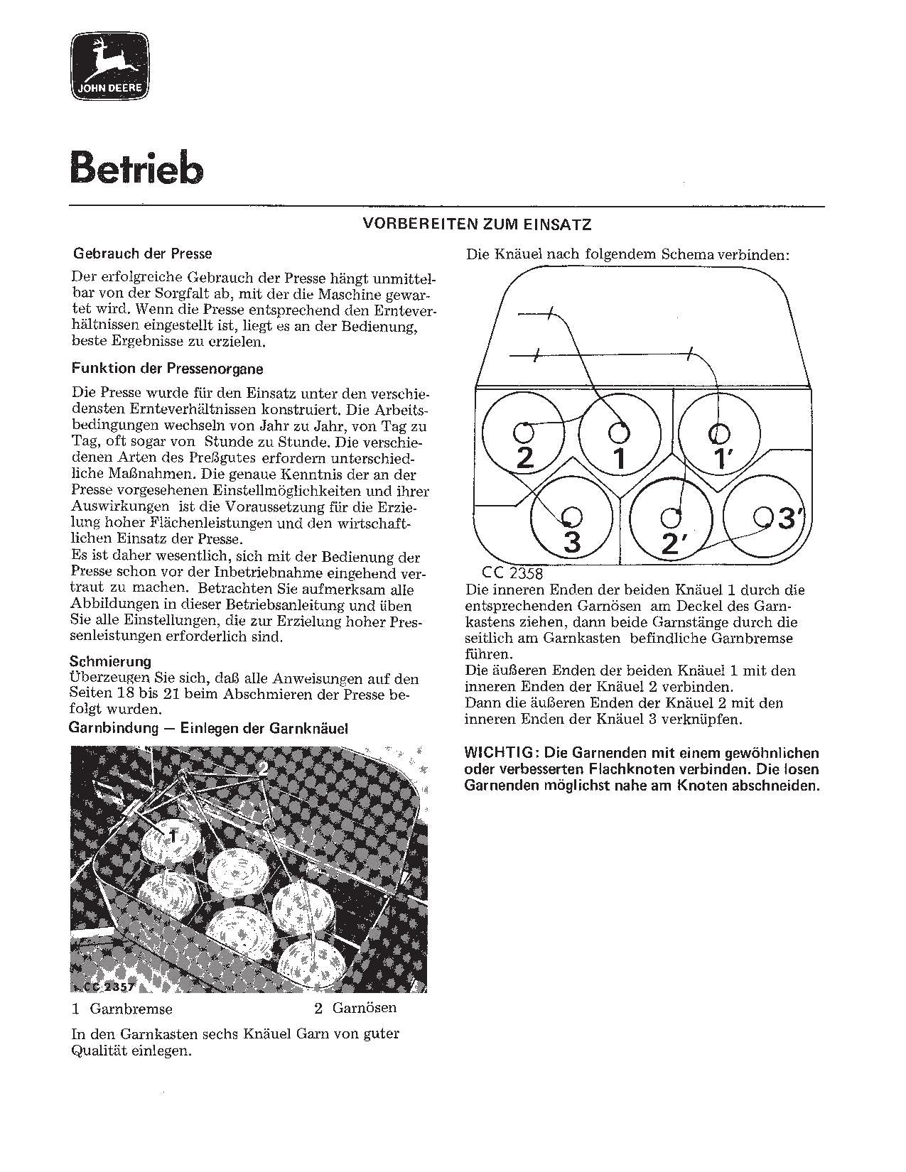 JOHN DEERE HOCHDRUCK SAMMELPRESSE 456 466 BETRIEBSANLEITUNG