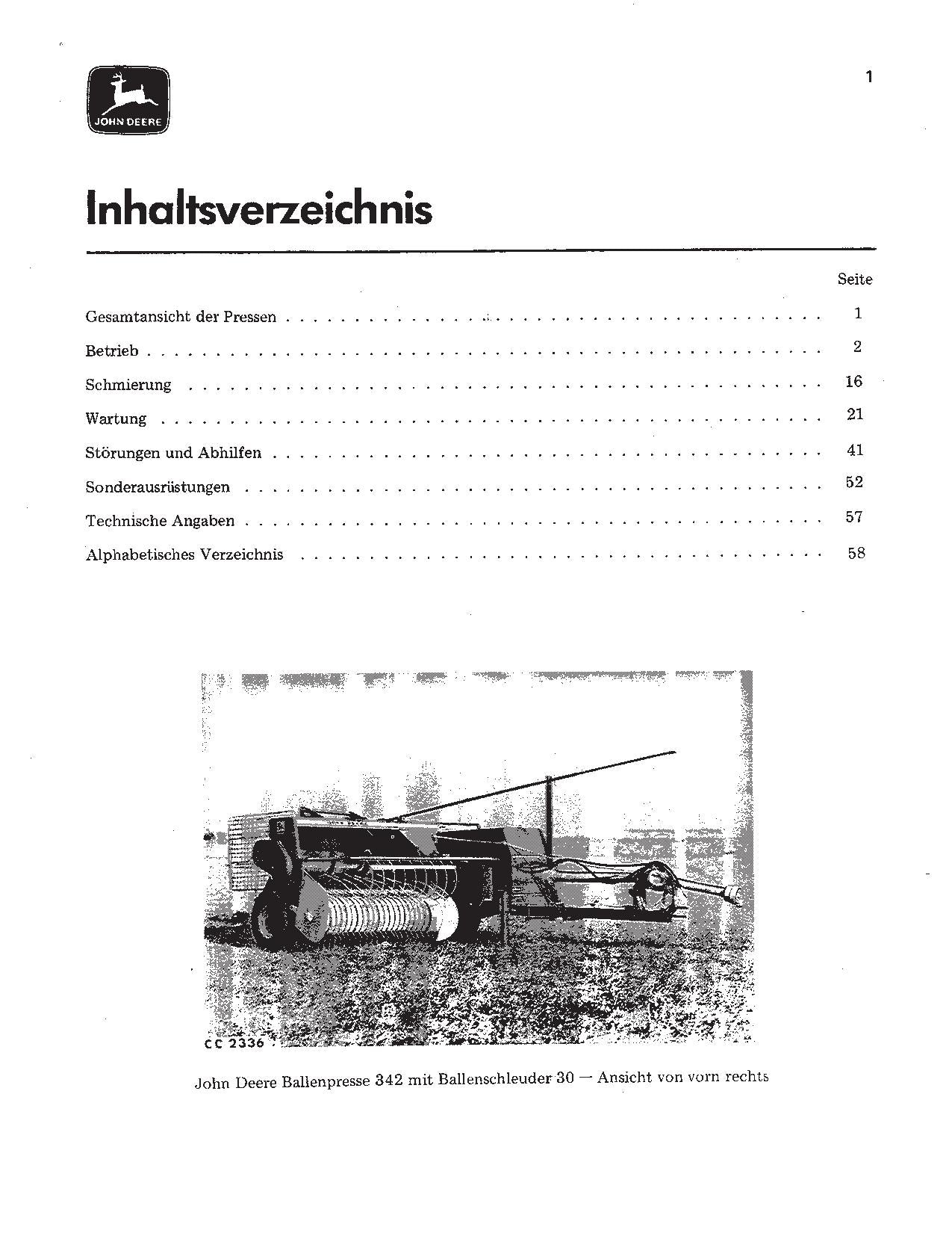 JOHN DEERE HOCHDRUCK SAMMELPRESSE 342 BETRIEBSANLEITUNG