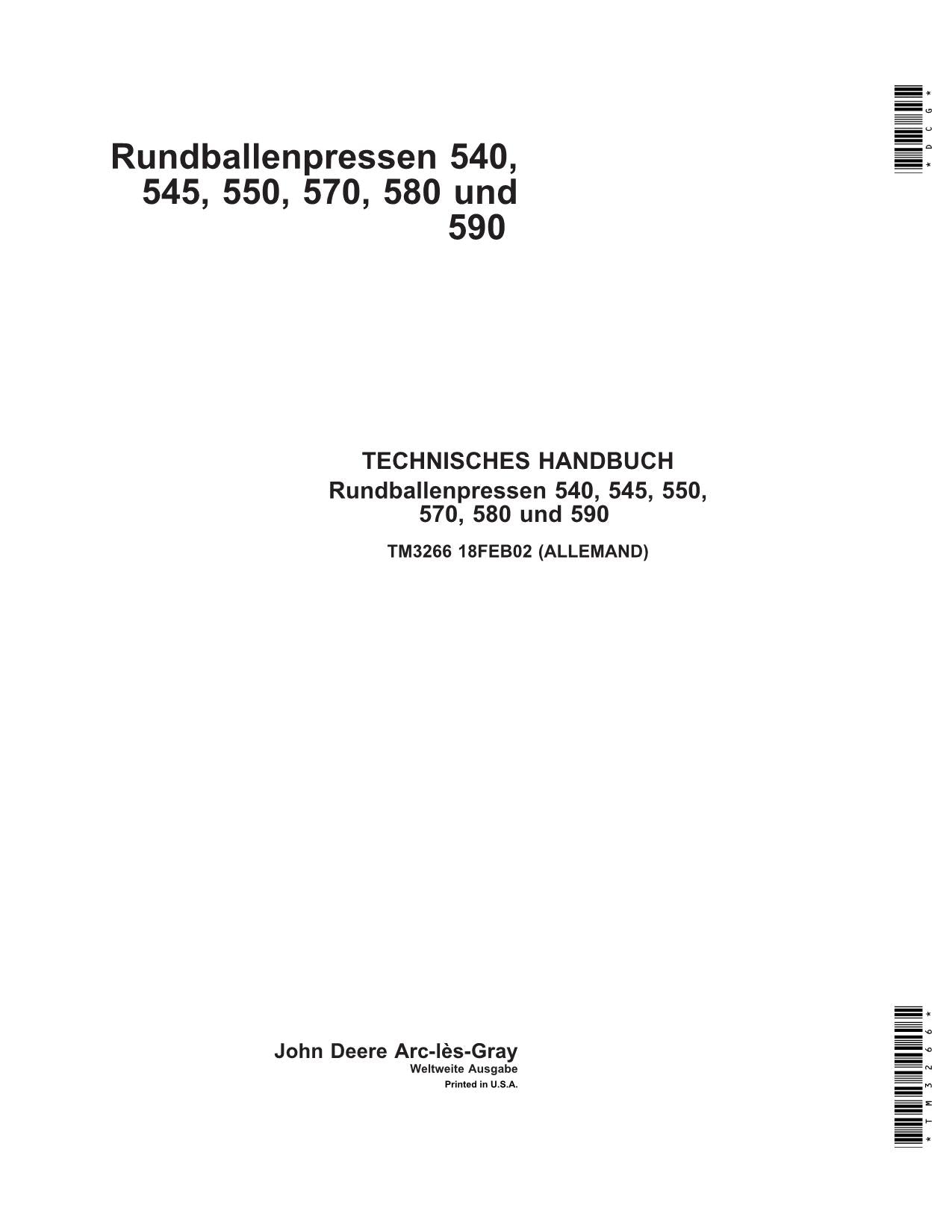 JOHN DEERE RUNDBALLENPRESSEN 545 550 570 580 590 REPARATURHANDBUCH