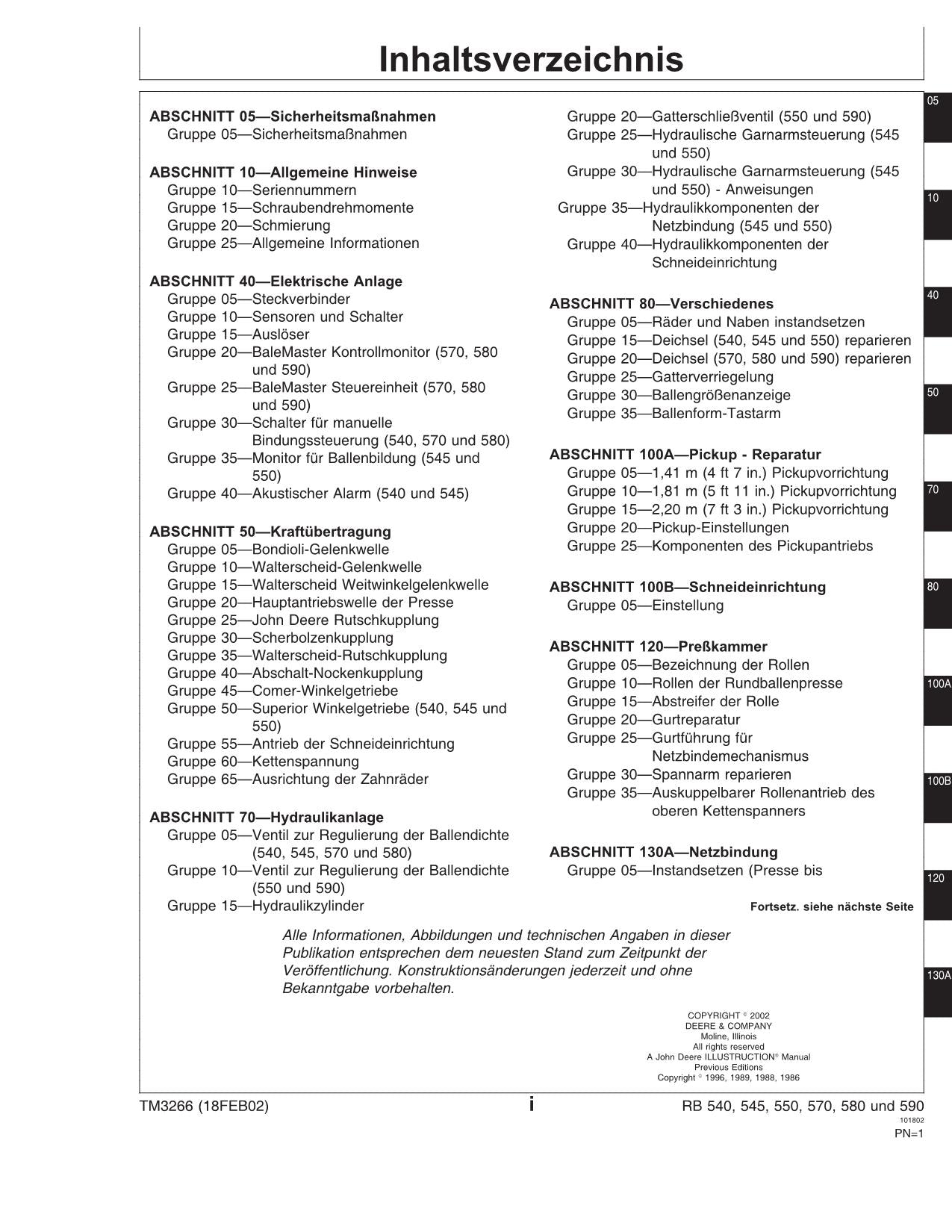 JOHN DEERE RUNDBALLENPRESSEN 545 550 570 580 590 REPARATURHANDBUCH