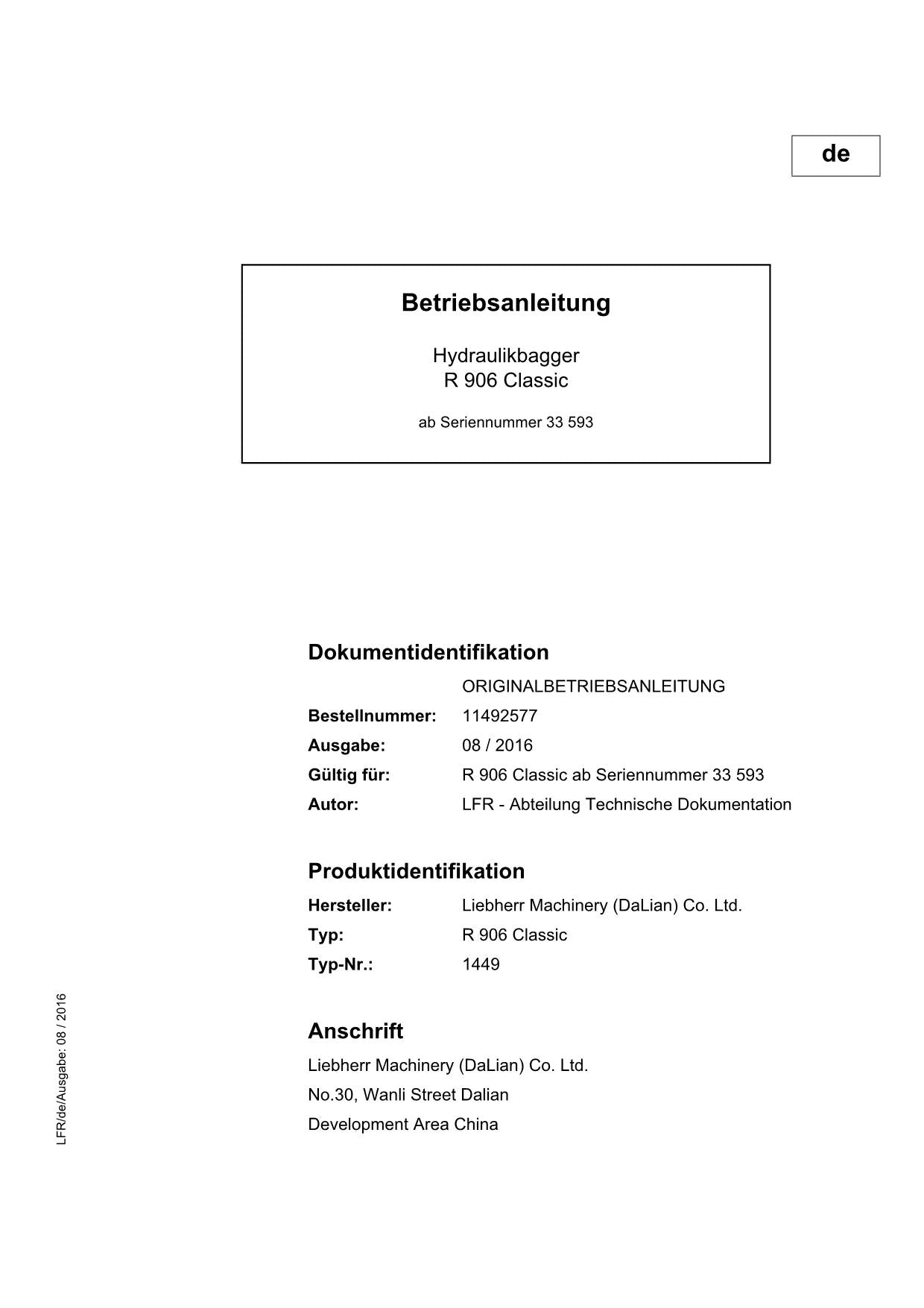 Liebherr R906 Classic Hydraulikbagger Manuel d'instructions 11492577