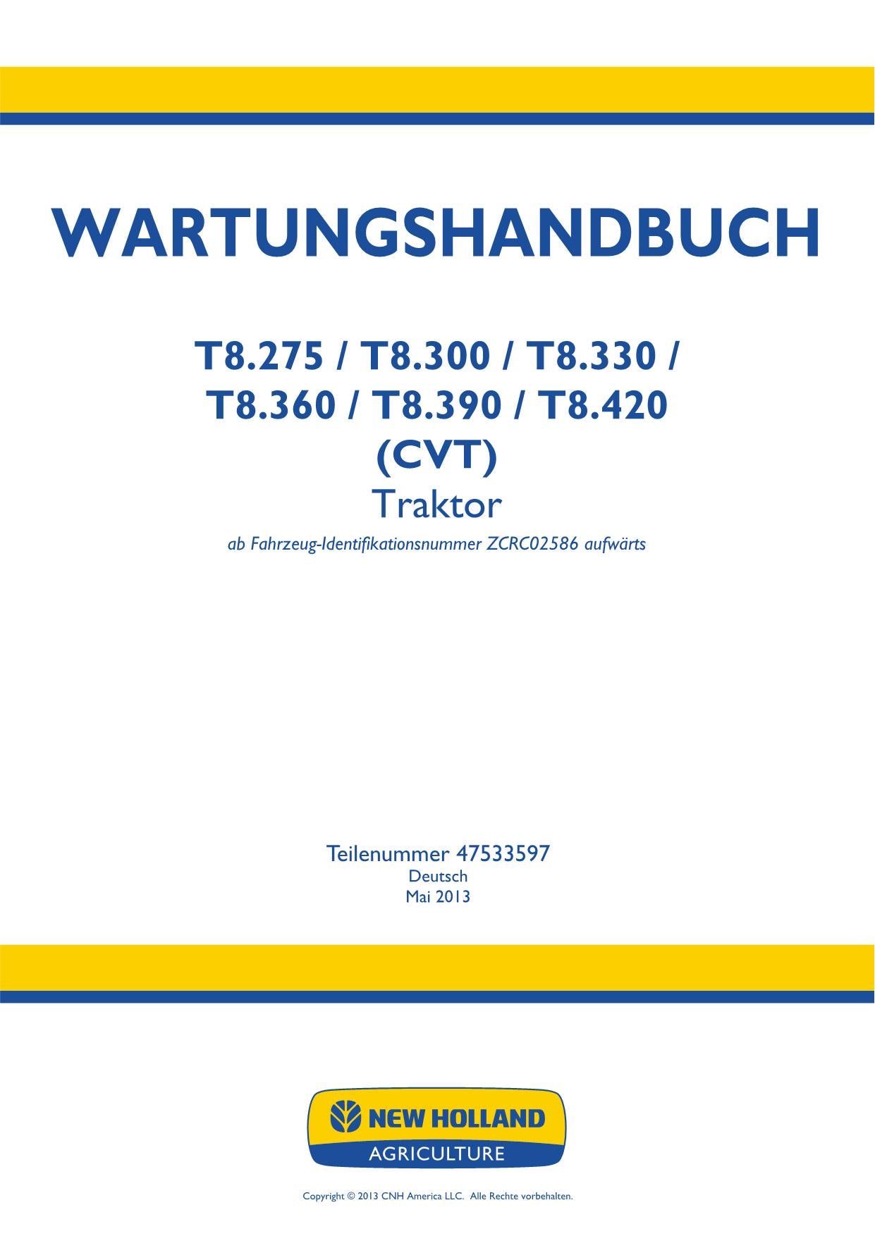 NEW HOLLAND T8.275 T8.300 T8.330 T8.360 T8.390 TRAKTOR REPARATURHANDBUCH