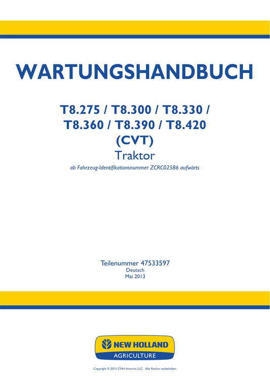 NEW HOLLAND T8.275 T8.300 T8.330 T8.360 T8.390 TRAKTOR REPARATURHANDBUCH