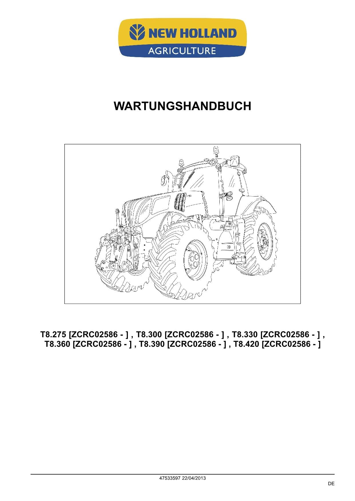 MANUEL DE RÉPARATION TRAKTOR NEW HOLLAND T8.275 T8.300 T8.330 T8.360 T8.390