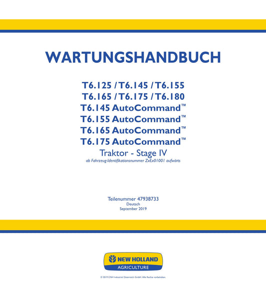 NEW HOLLAND T6.125 T6.145 T6.155 T6.165 T6.175 T6.180 TRAKTOR REPARATURHANDBUCH