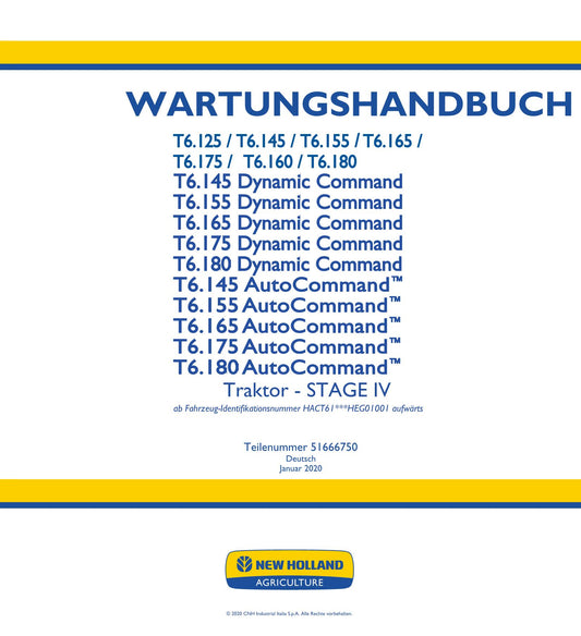 NEW HOLLAND T6.125 T6.145 T6.155 T6.165 TRAKTOR REPARATURHANDBUCH