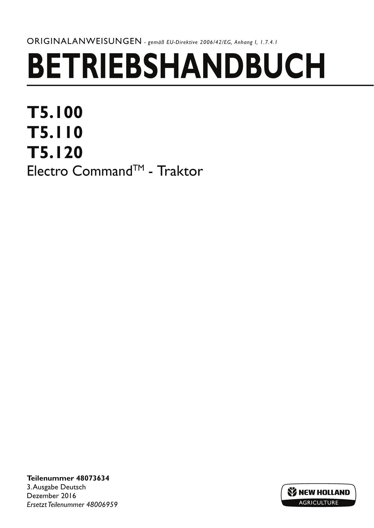 New Holland T5.100 T5.110 T5.120 ELECTRO Command Traktor Betriebsanleitung