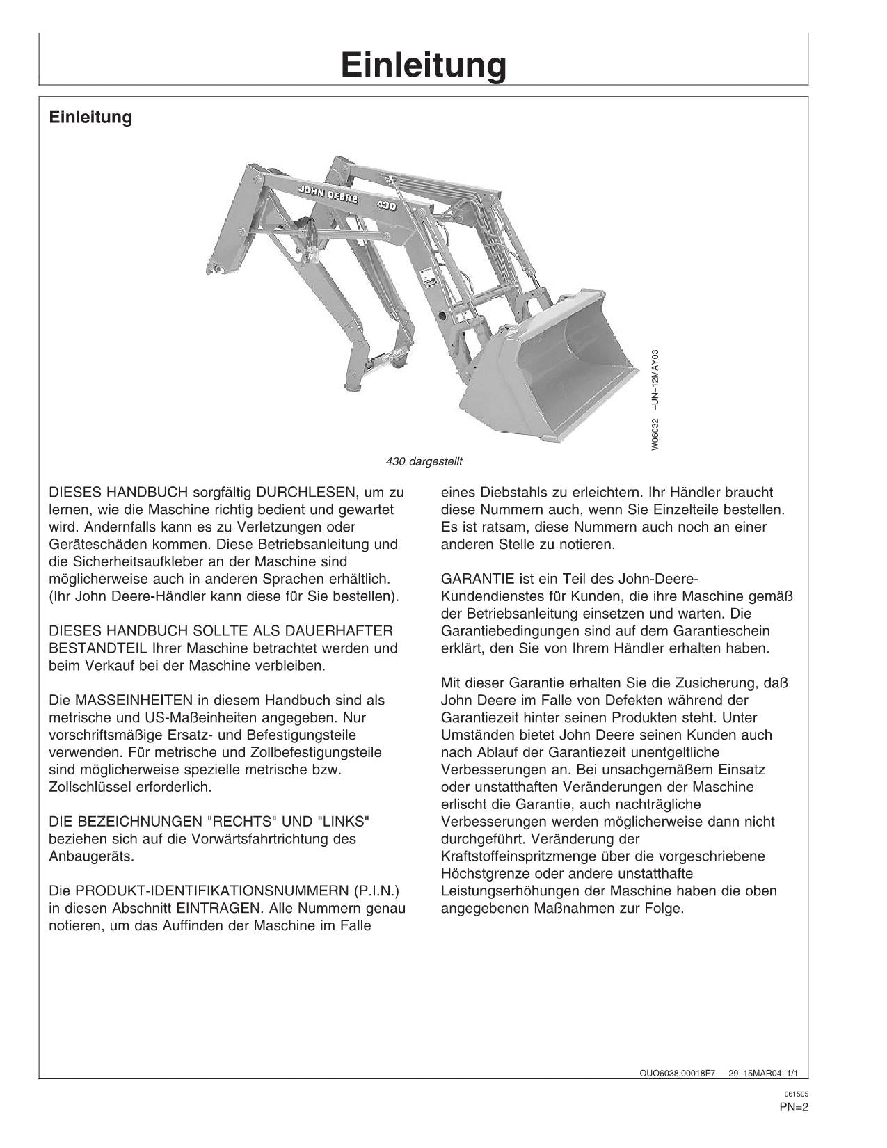 JOHN DEERE LADER 430 460 BETRIEBSANLEITUNG