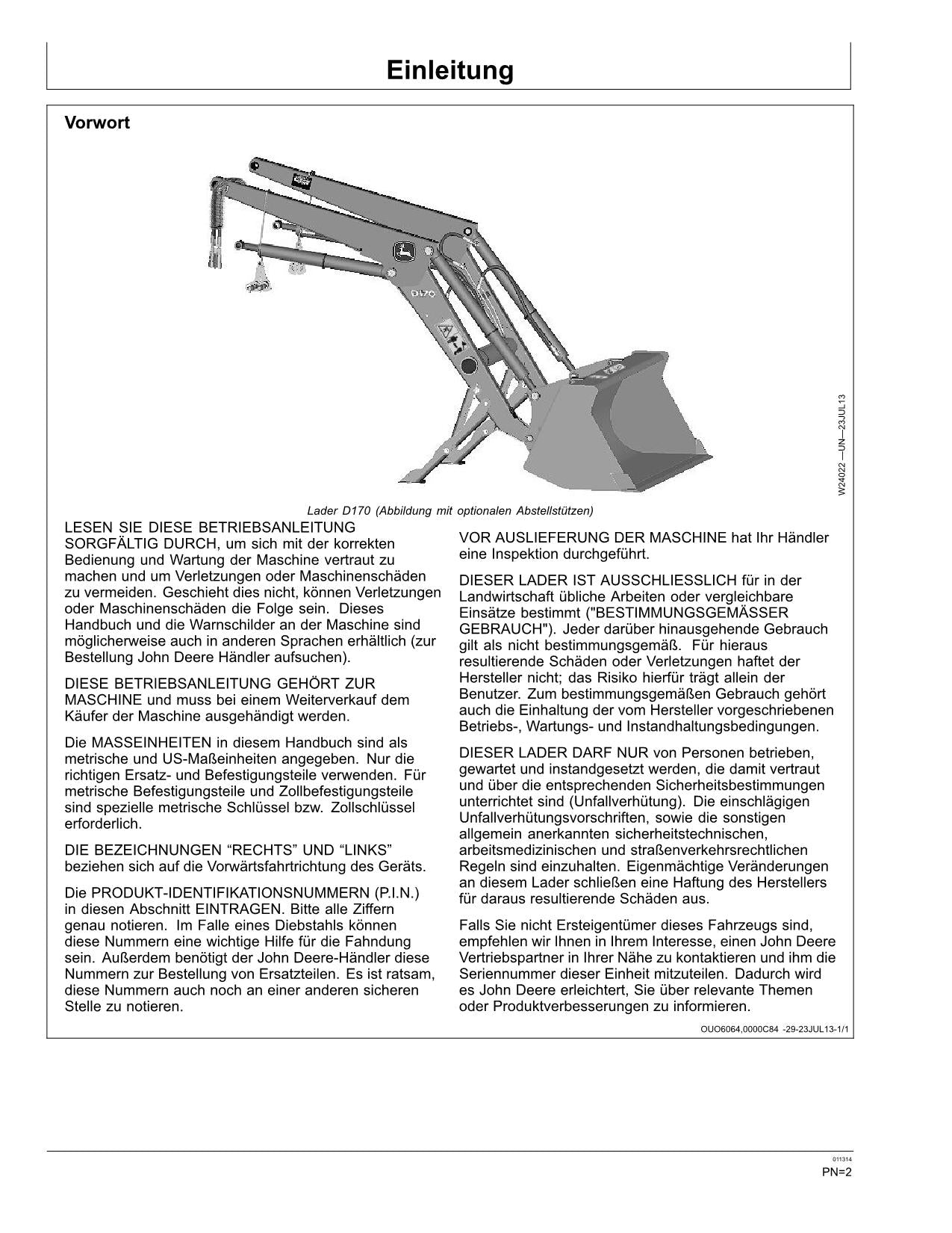 JOHN DEERE LADER D170 BETRIEBSANLEITUNG