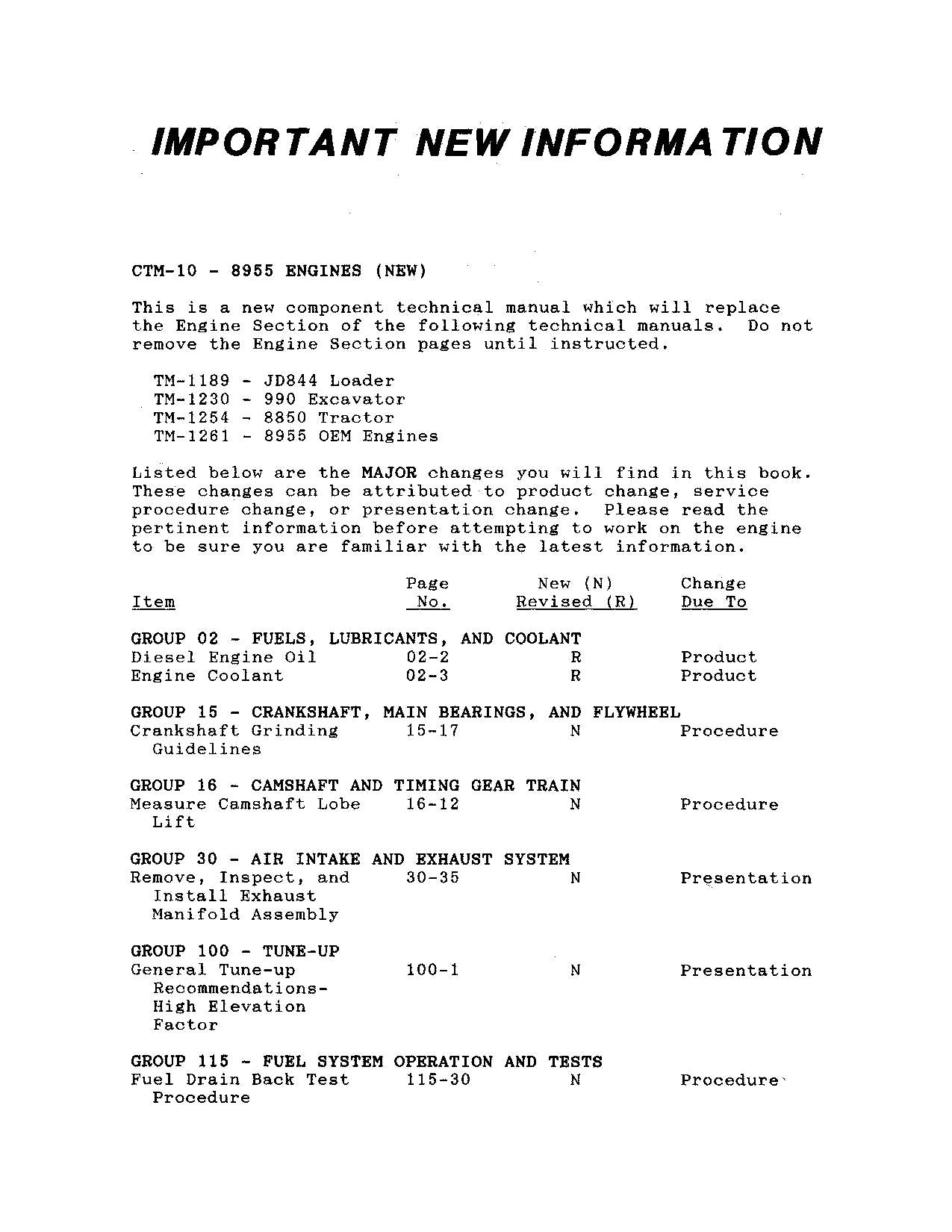 John Deere 8955 Engine REPAIR SERVICE TECHNICAL MANUAL CTM10