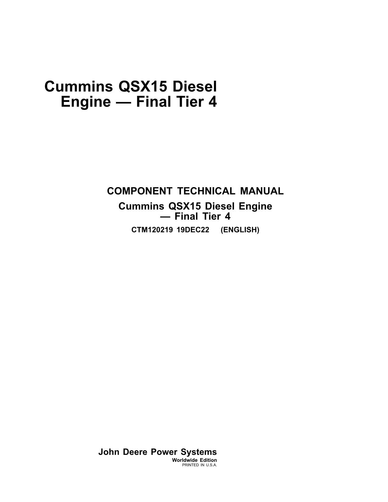 John Deere Cummins QSX15 ISX15 Engine Final Tier 4 REPAIR SERVICE MANUAL