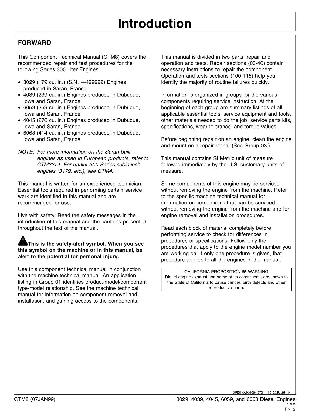 John Deere Series 300 3029 4039 4045 6059 6068 Engine Service manual